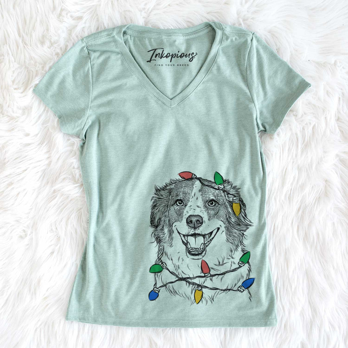 Christmas Lights Belle the Australian Shepherd Mix - Women&#39;s V-neck Shirt