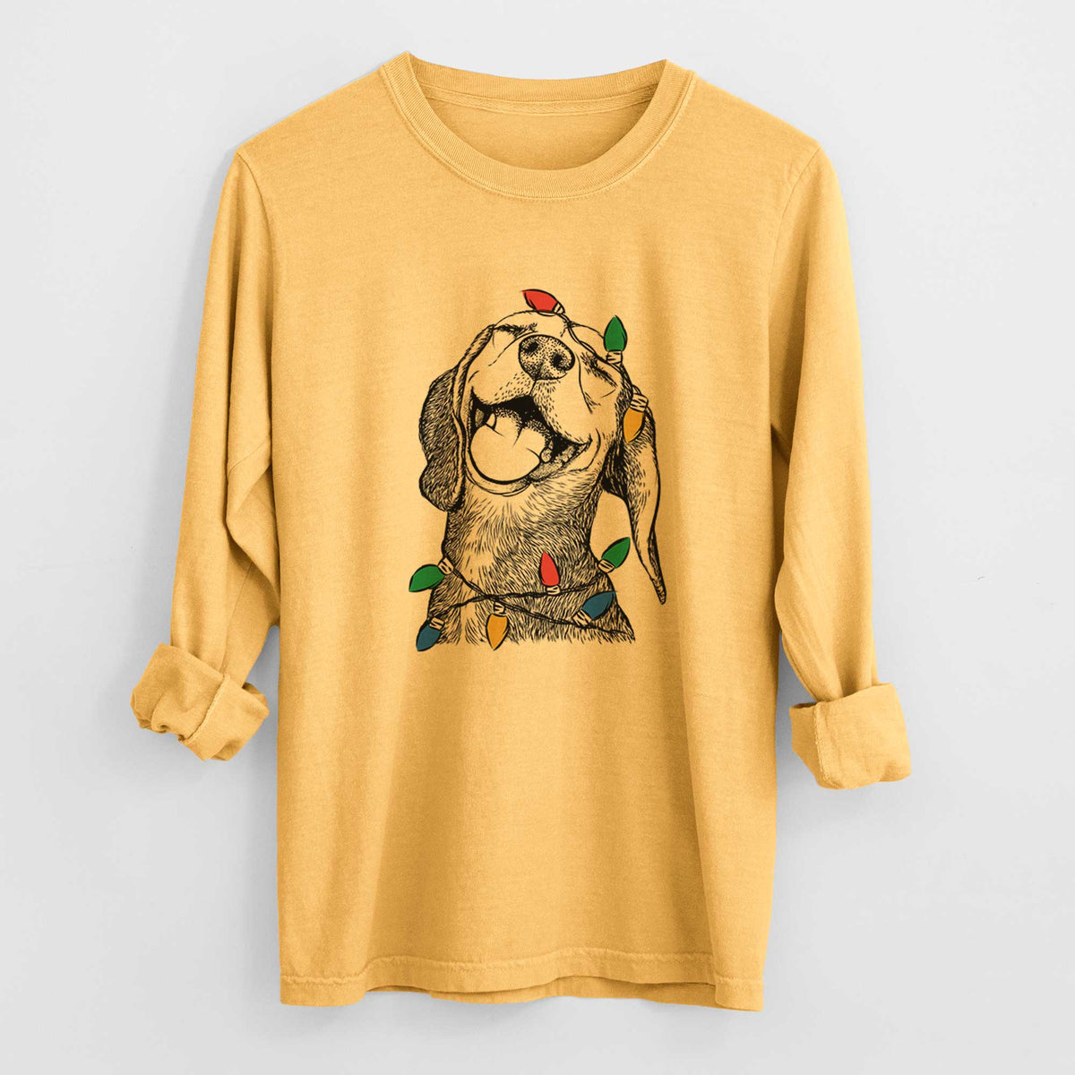 Christmas Lights Belle the Hound Mix - Heavyweight 100% Cotton Long Sleeve