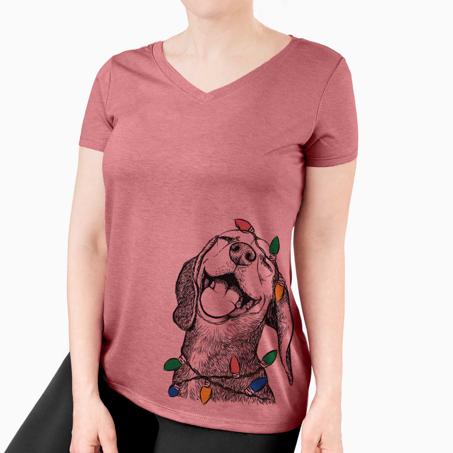 Christmas Lights Belle the Hound Mix - Women's V-neck Shirt