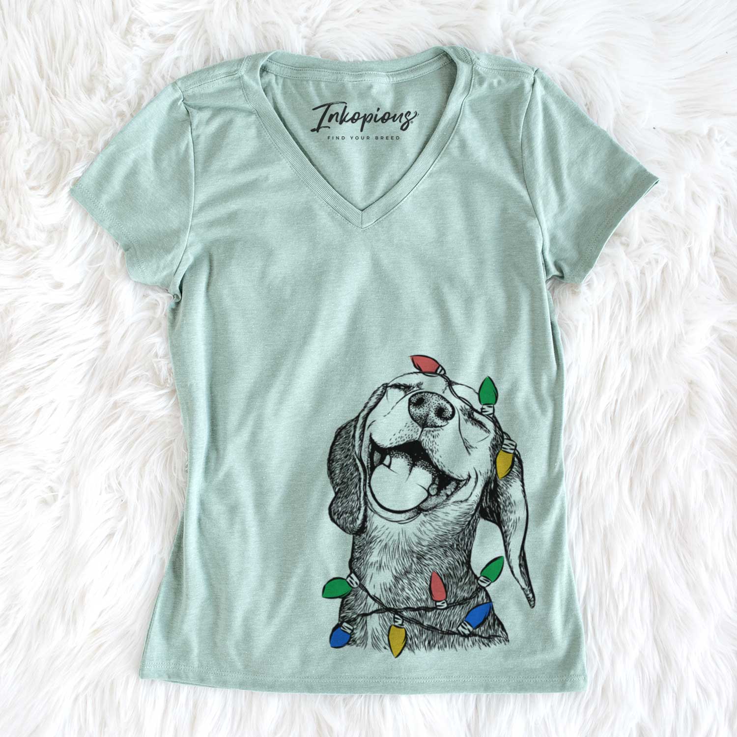 Christmas Lights Belle the Hound Mix - Women's V-neck Shirt