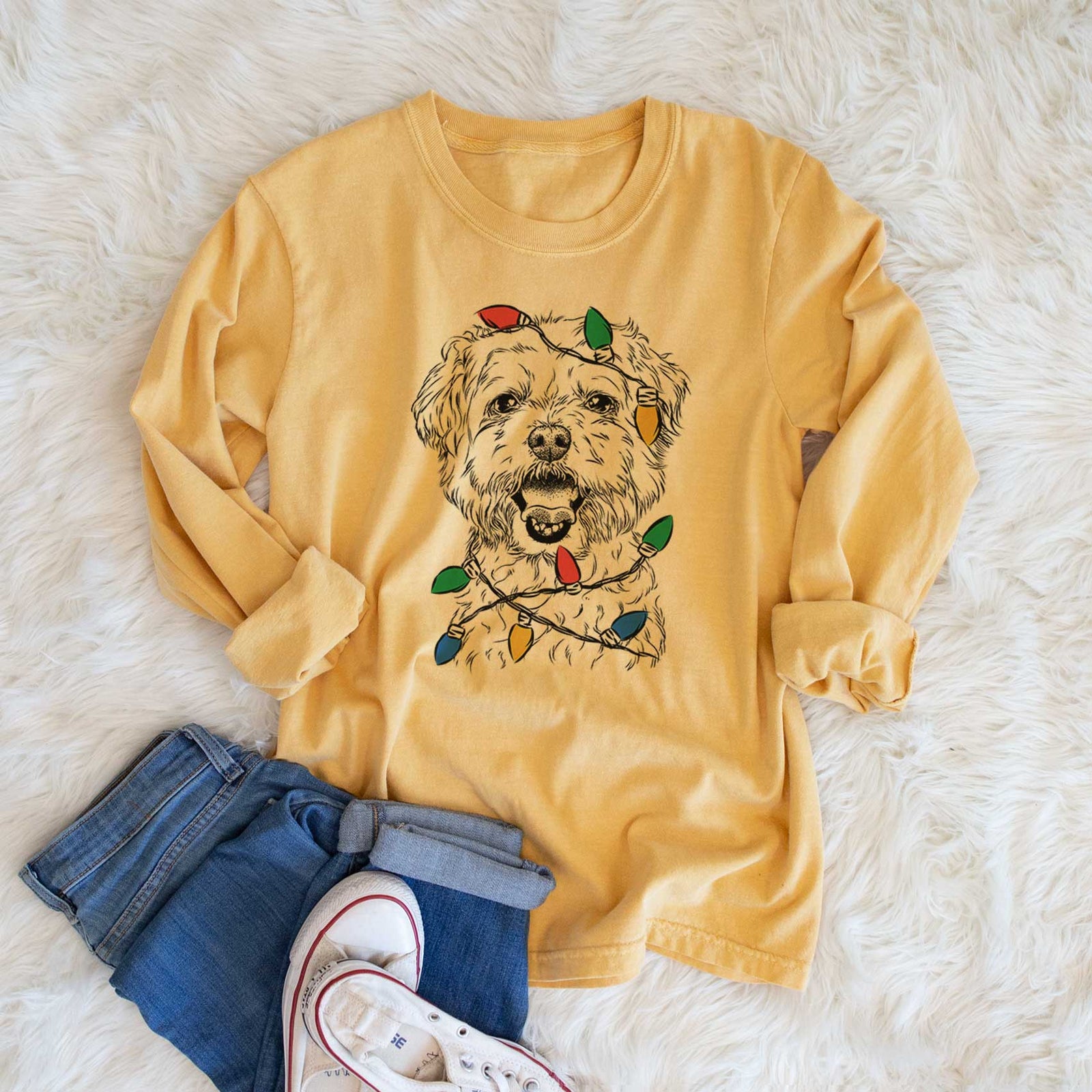 Christmas Lights Belle the Maltipoo - Heavyweight 100% Cotton Long Sleeve
