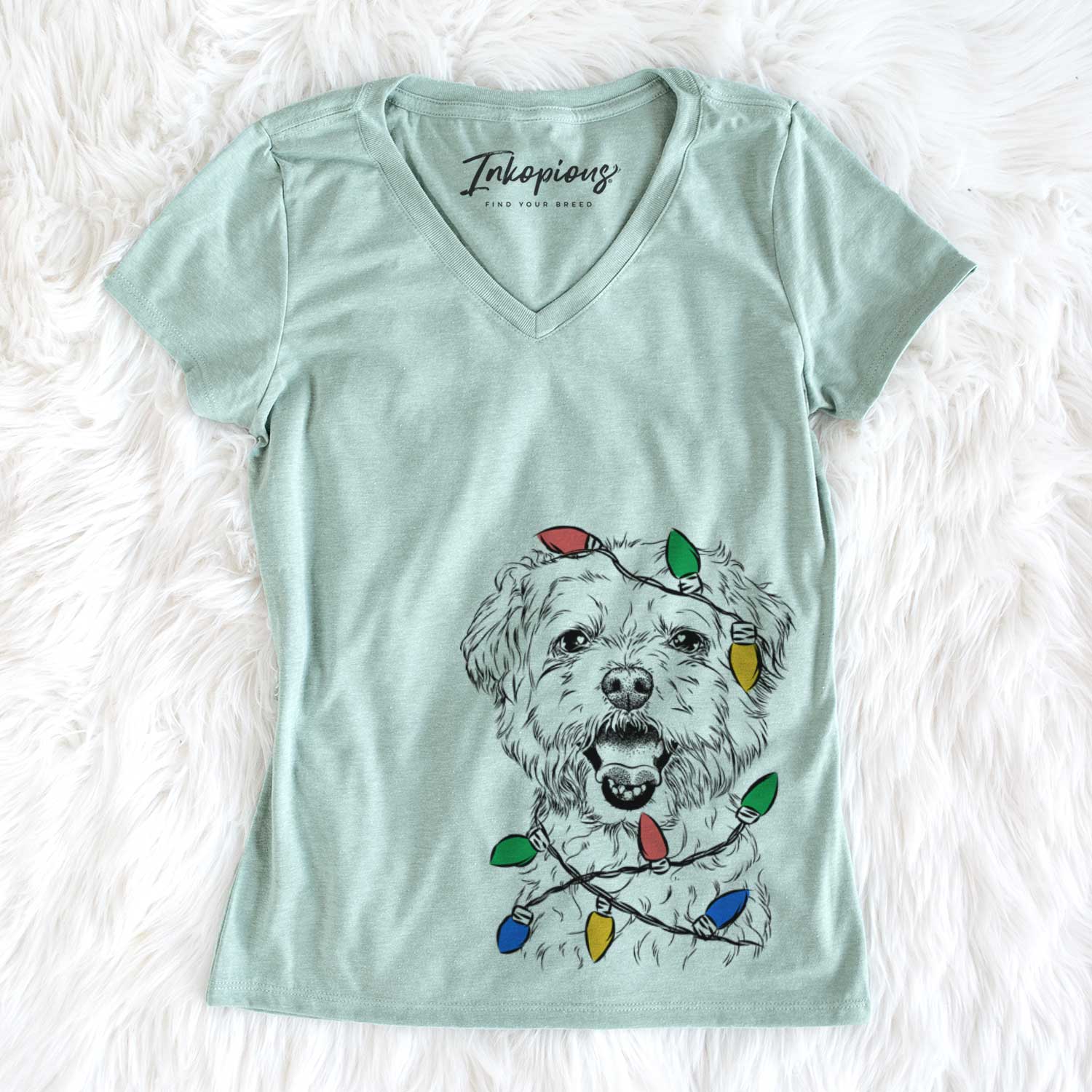 Christmas Lights Belle the Maltipoo - Women's V-neck Shirt