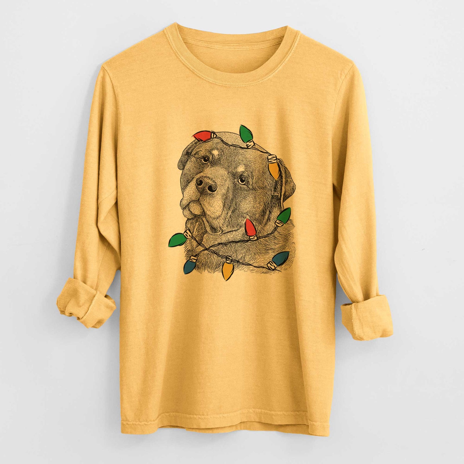 Christmas Lights Bender the Rottweiler - Heavyweight 100% Cotton Long Sleeve