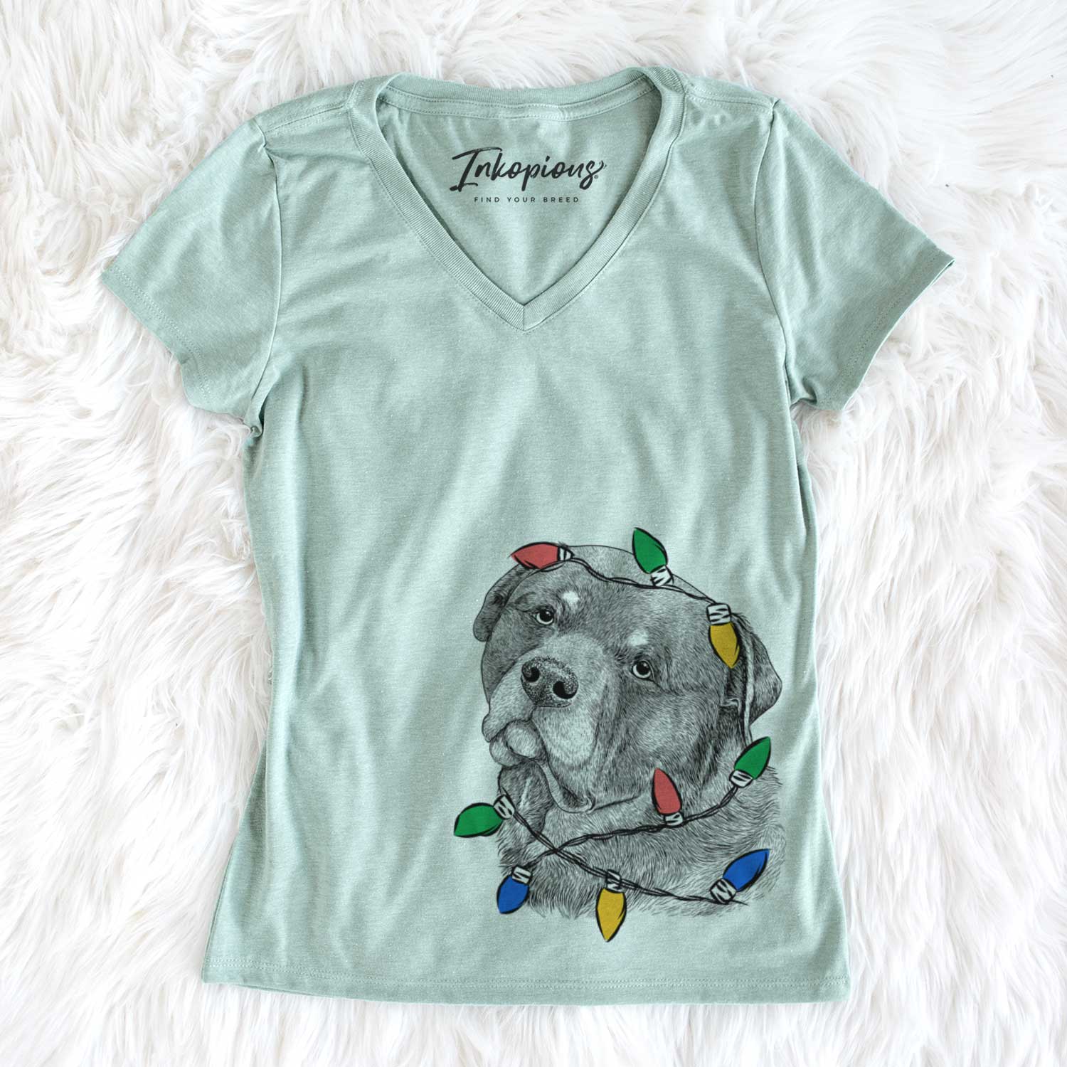 Christmas Lights Bender the Rottweiler - Women's V-neck Shirt