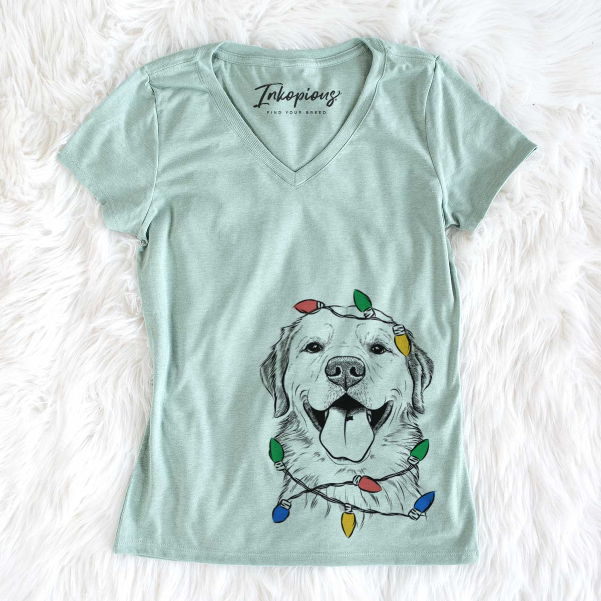 Christmas Lights Bennett the Golden Retriever - Women&#39;s V-neck Shirt