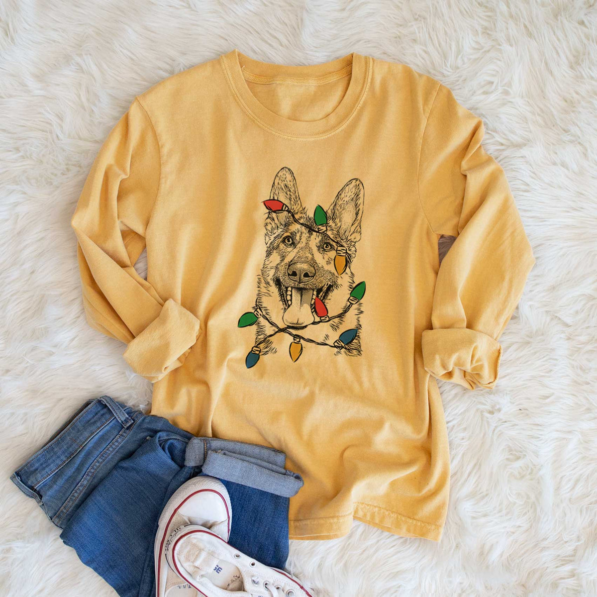 Christmas Lights Benson the German Shepherd - Heavyweight 100% Cotton Long Sleeve