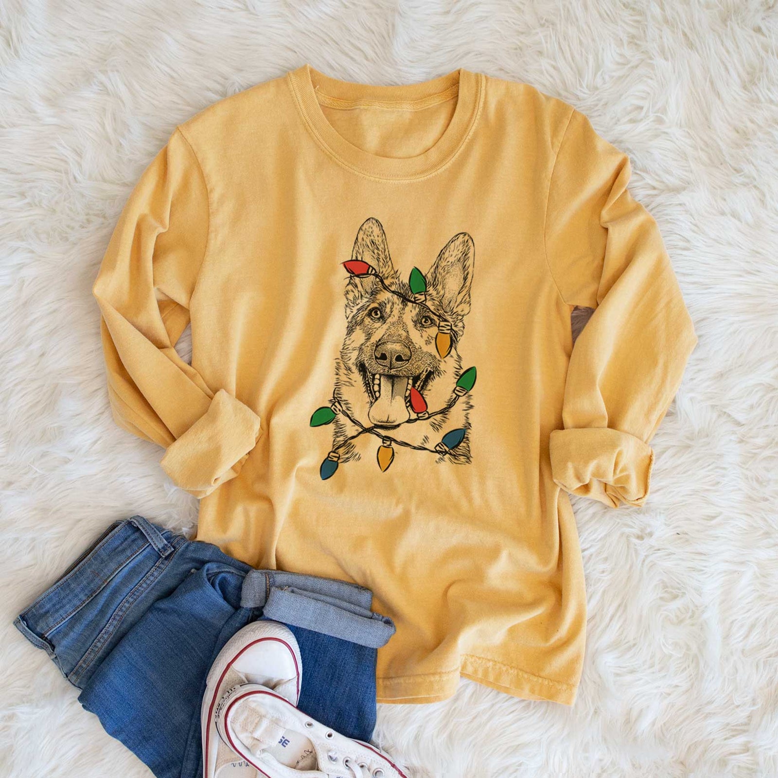 Christmas Lights Benson the German Shepherd - Heavyweight 100% Cotton Long Sleeve