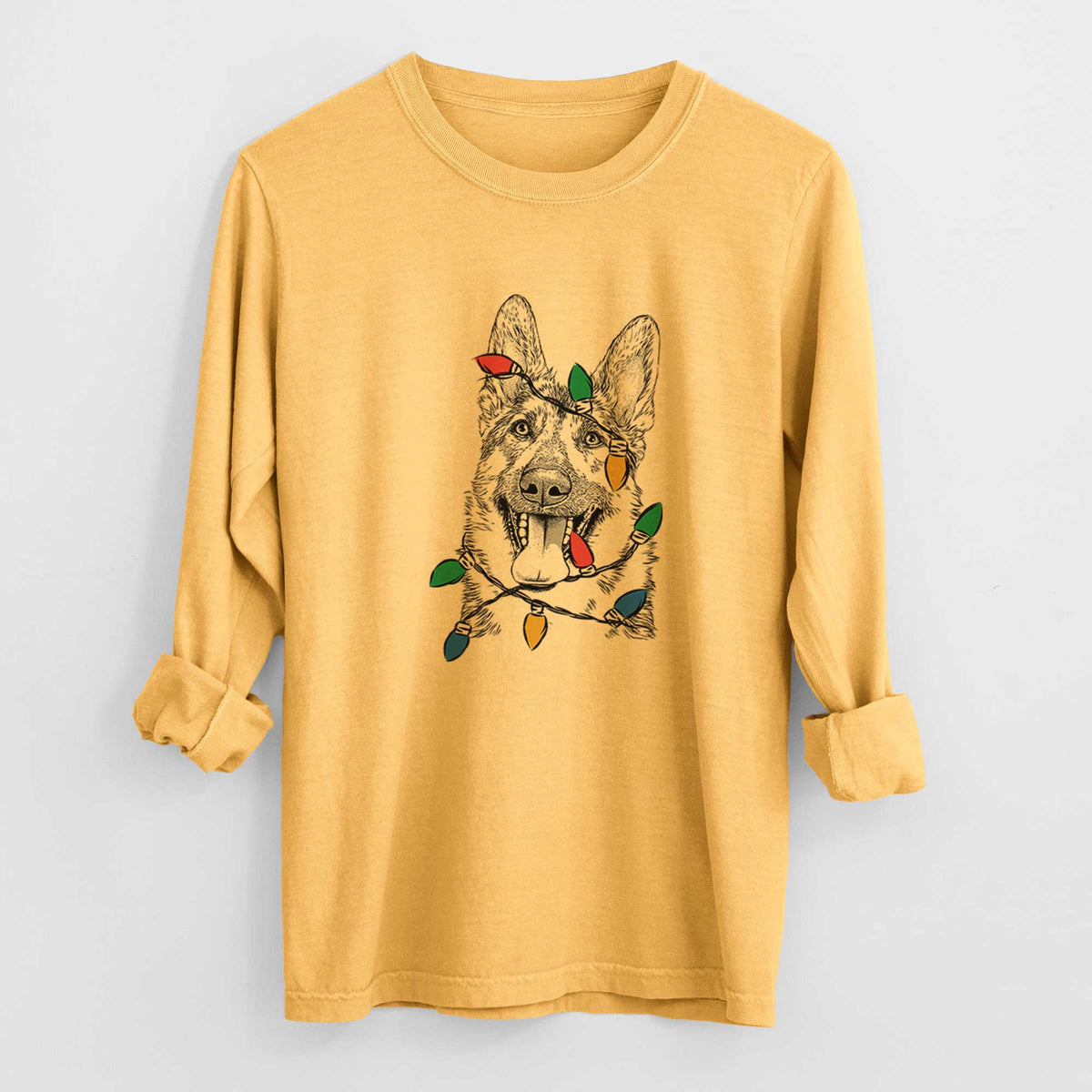 Christmas Lights Benson the German Shepherd - Heavyweight 100% Cotton Long Sleeve