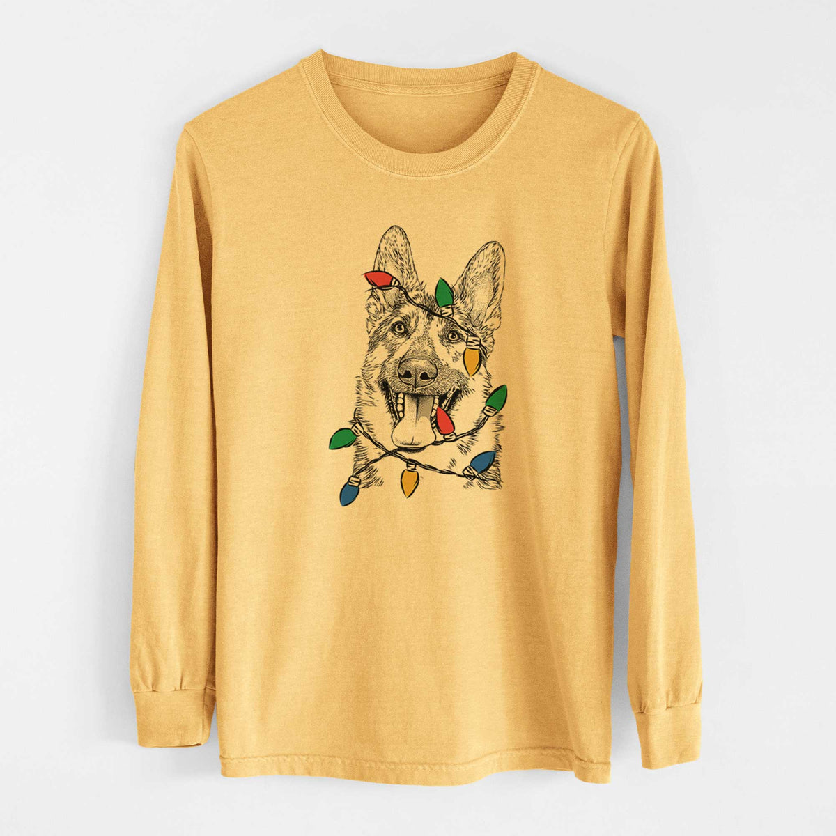 Christmas Lights Benson the German Shepherd - Heavyweight 100% Cotton Long Sleeve
