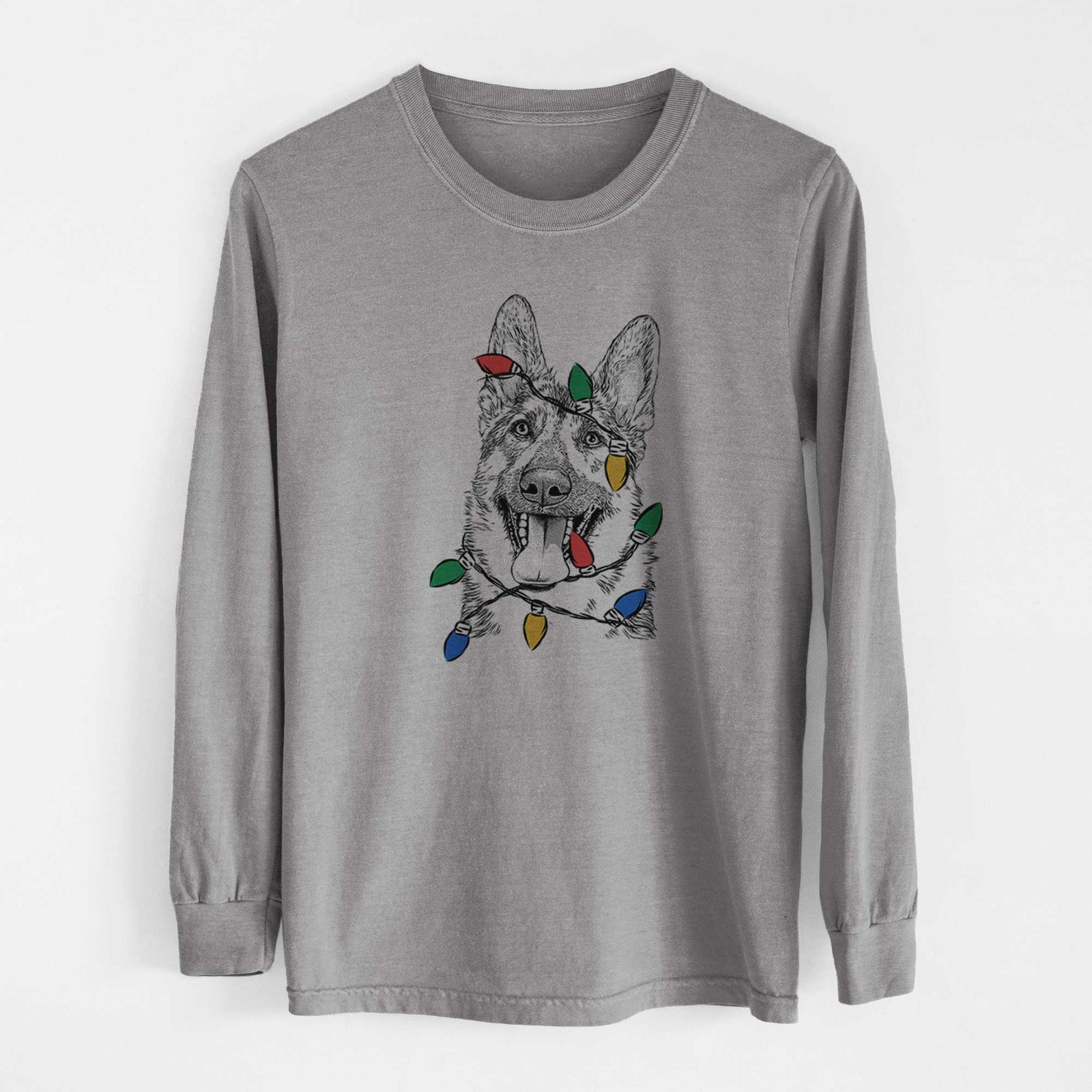 Christmas Lights Benson the German Shepherd - Heavyweight 100% Cotton Long Sleeve