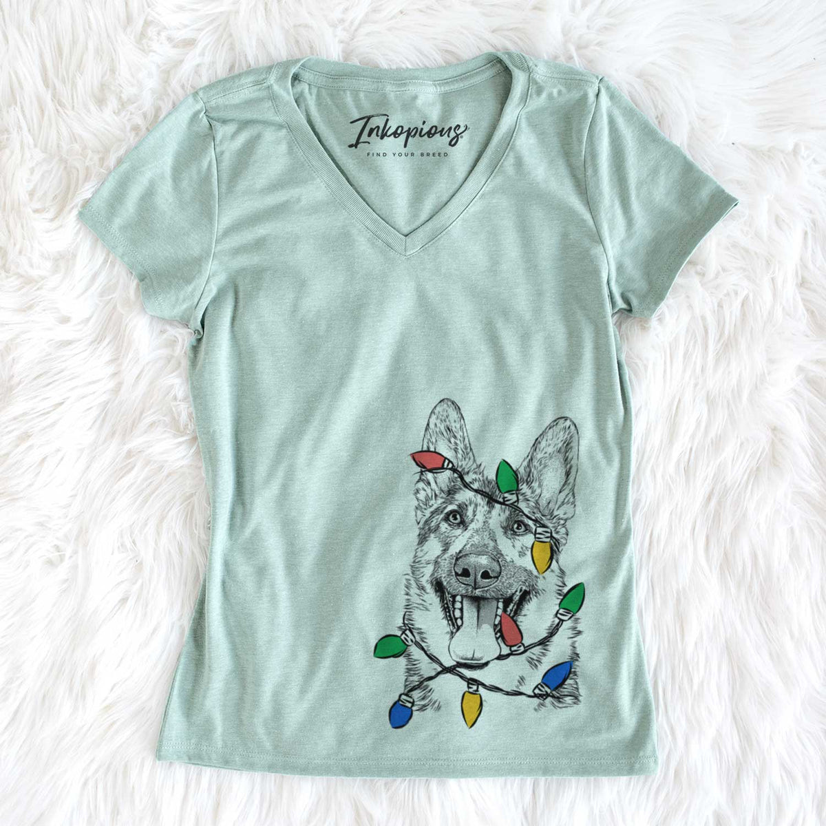 Christmas Lights Benson the German Shepherd - Women&#39;s V-neck Shirt