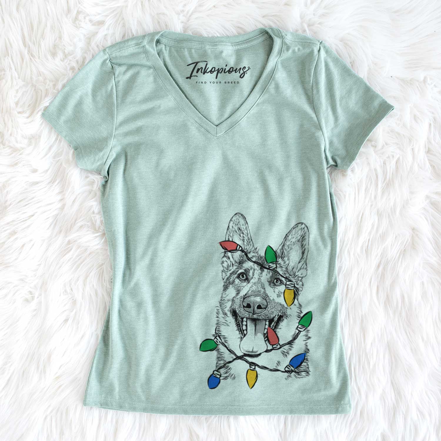 Christmas Lights Benson the German Shepherd - Women's V-neck Shirt