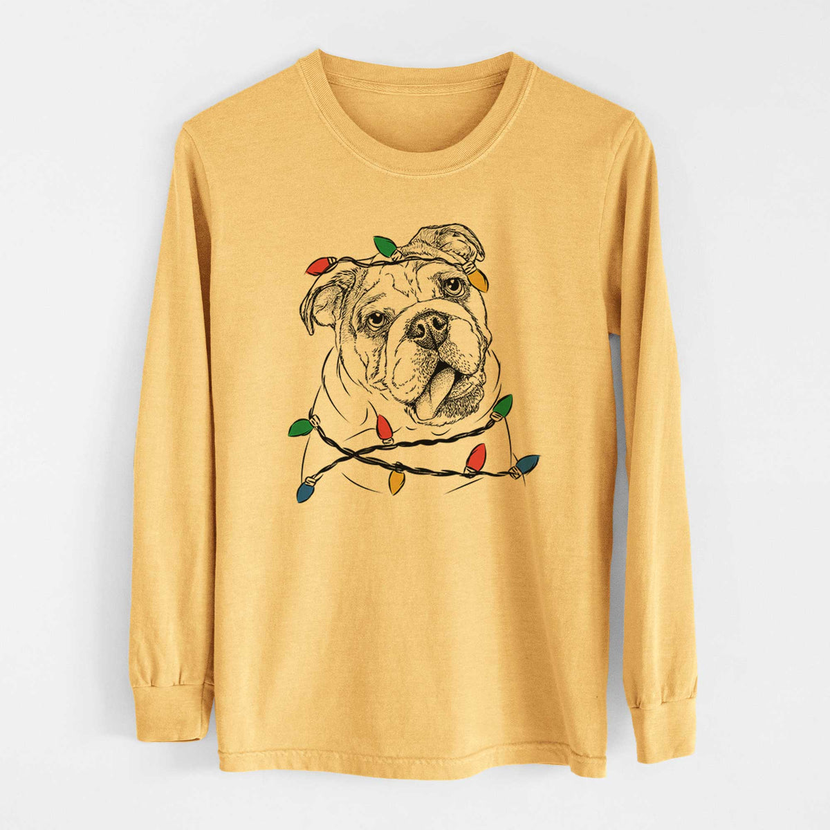 Christmas Lights Benson the English Bulldog - Heavyweight 100% Cotton Long Sleeve