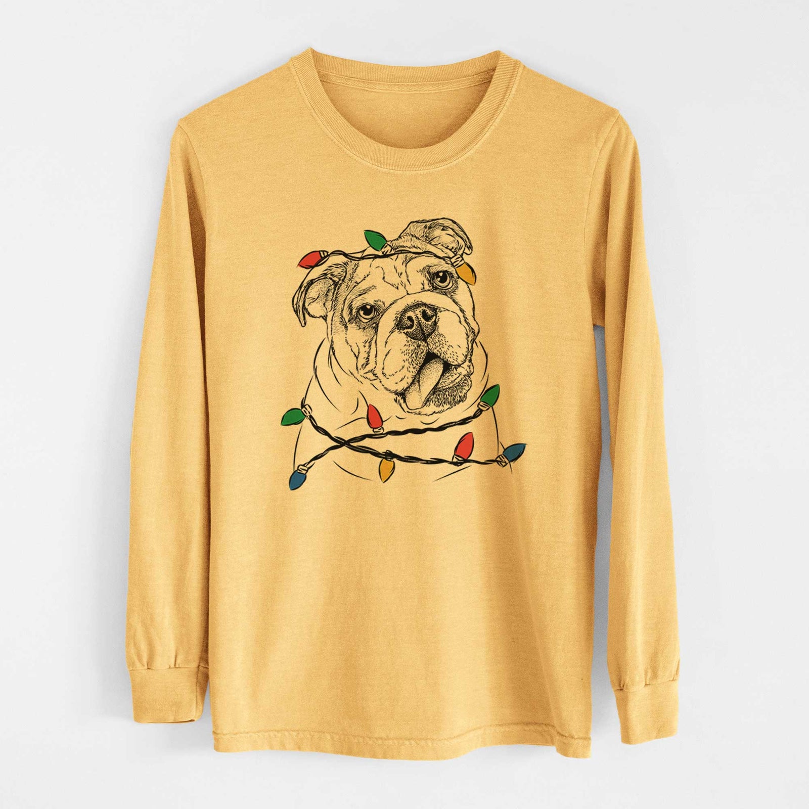 Christmas Lights Benson the English Bulldog - Heavyweight 100% Cotton Long Sleeve