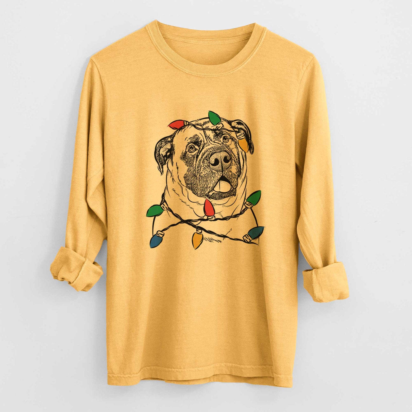 Christmas Lights Big P the English Mastiff - Heavyweight 100% Cotton Long Sleeve