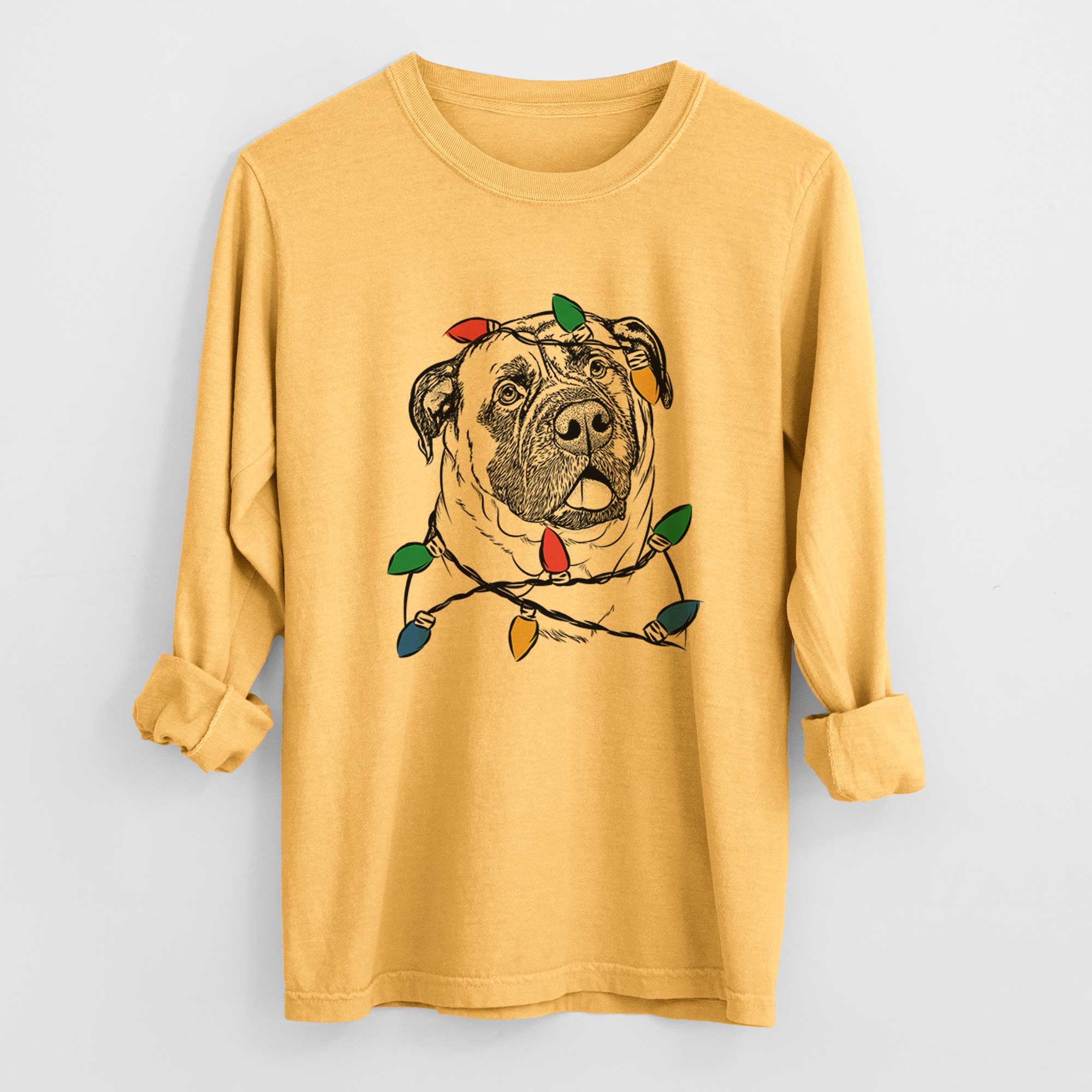 Christmas Lights Big P the English Mastiff - Heavyweight 100% Cotton Long Sleeve