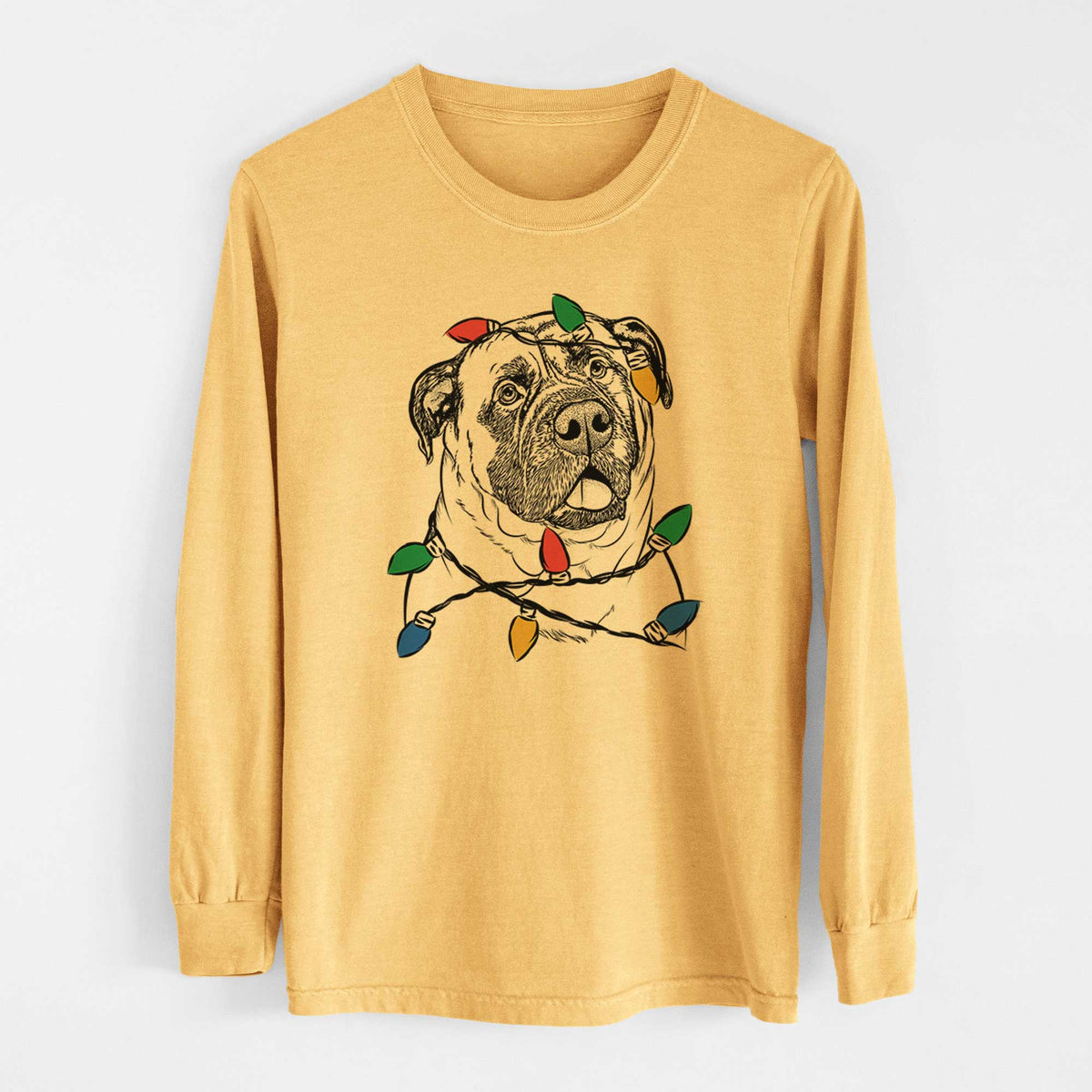 Christmas Lights Big P the English Mastiff - Heavyweight 100% Cotton Long Sleeve