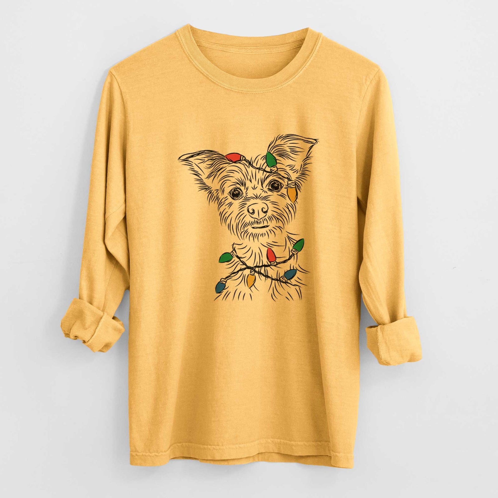 Christmas Lights Bingo the Yorkshire Terrier - Heavyweight 100% Cotton Long Sleeve