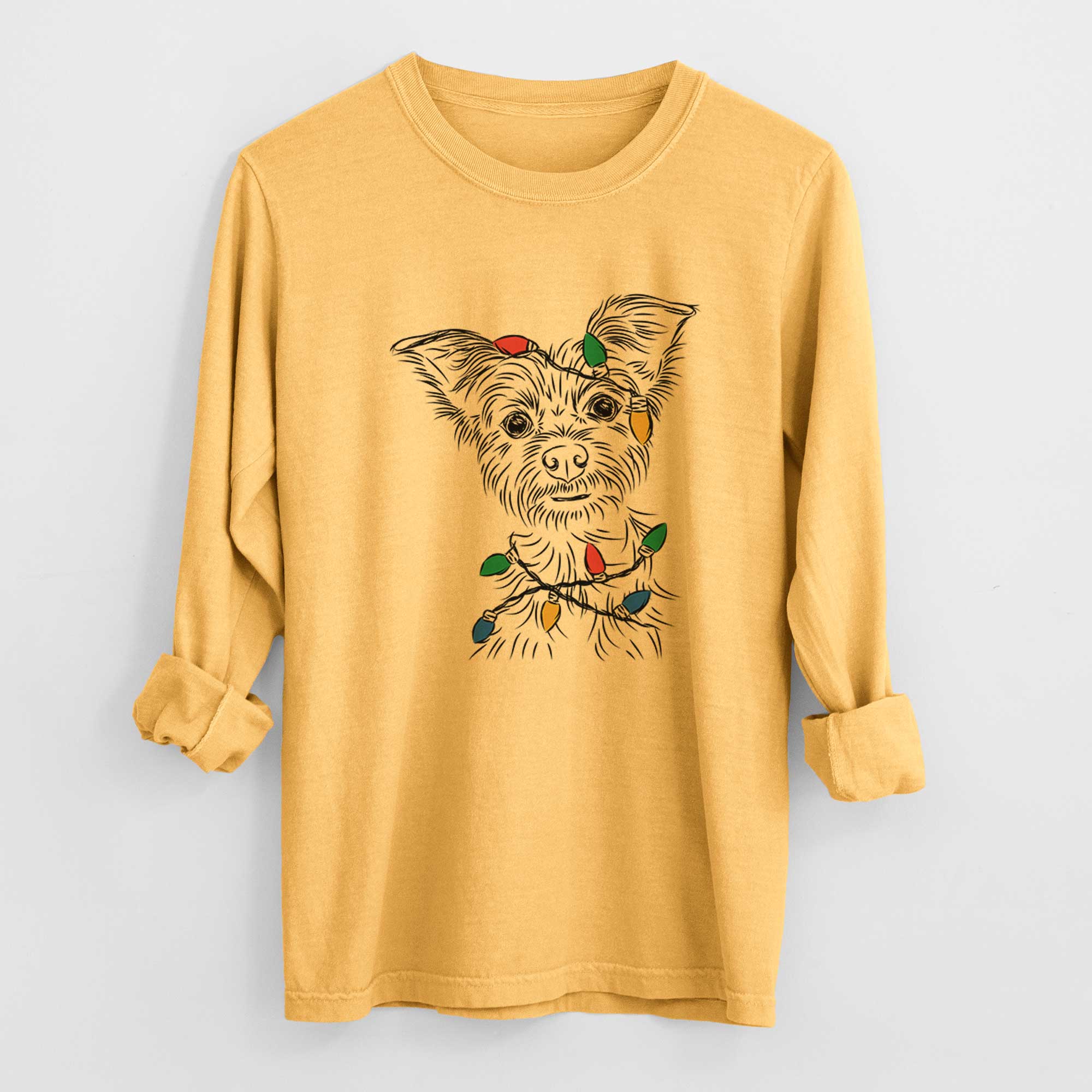 Christmas Lights Bingo the Yorkshire Terrier - Heavyweight 100% Cotton Long Sleeve