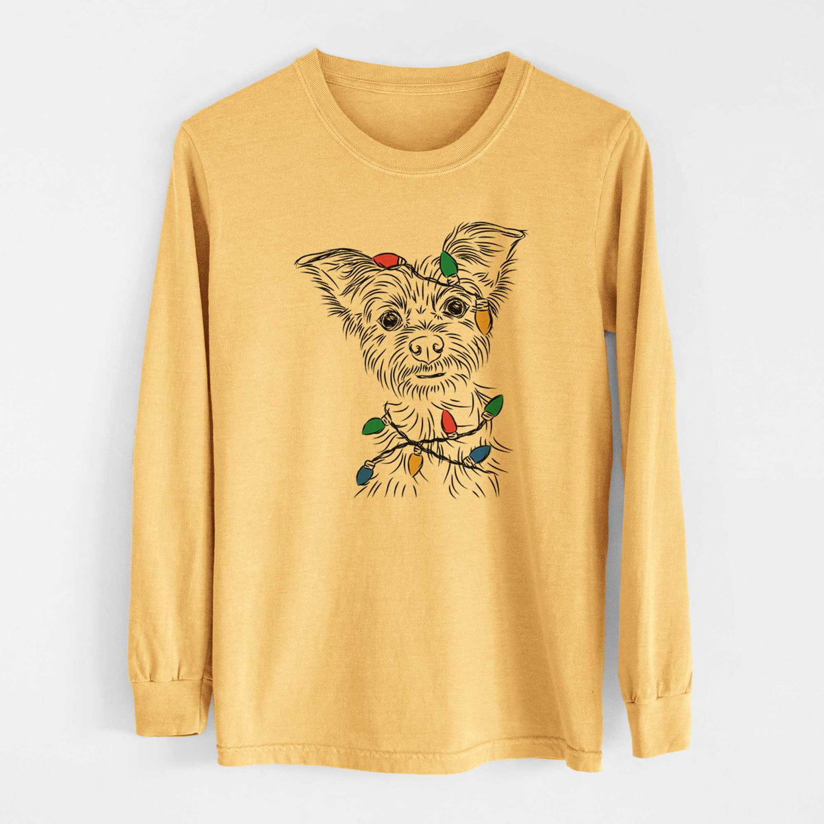 Christmas Lights Bingo the Yorkshire Terrier - Heavyweight 100% Cotton Long Sleeve