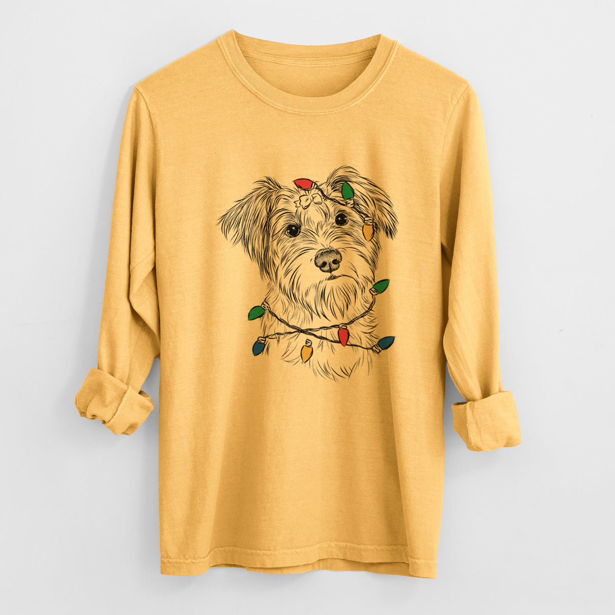 Christmas Lights Birdee the Schnauzer Mix - Heavyweight 100% Cotton Long Sleeve
