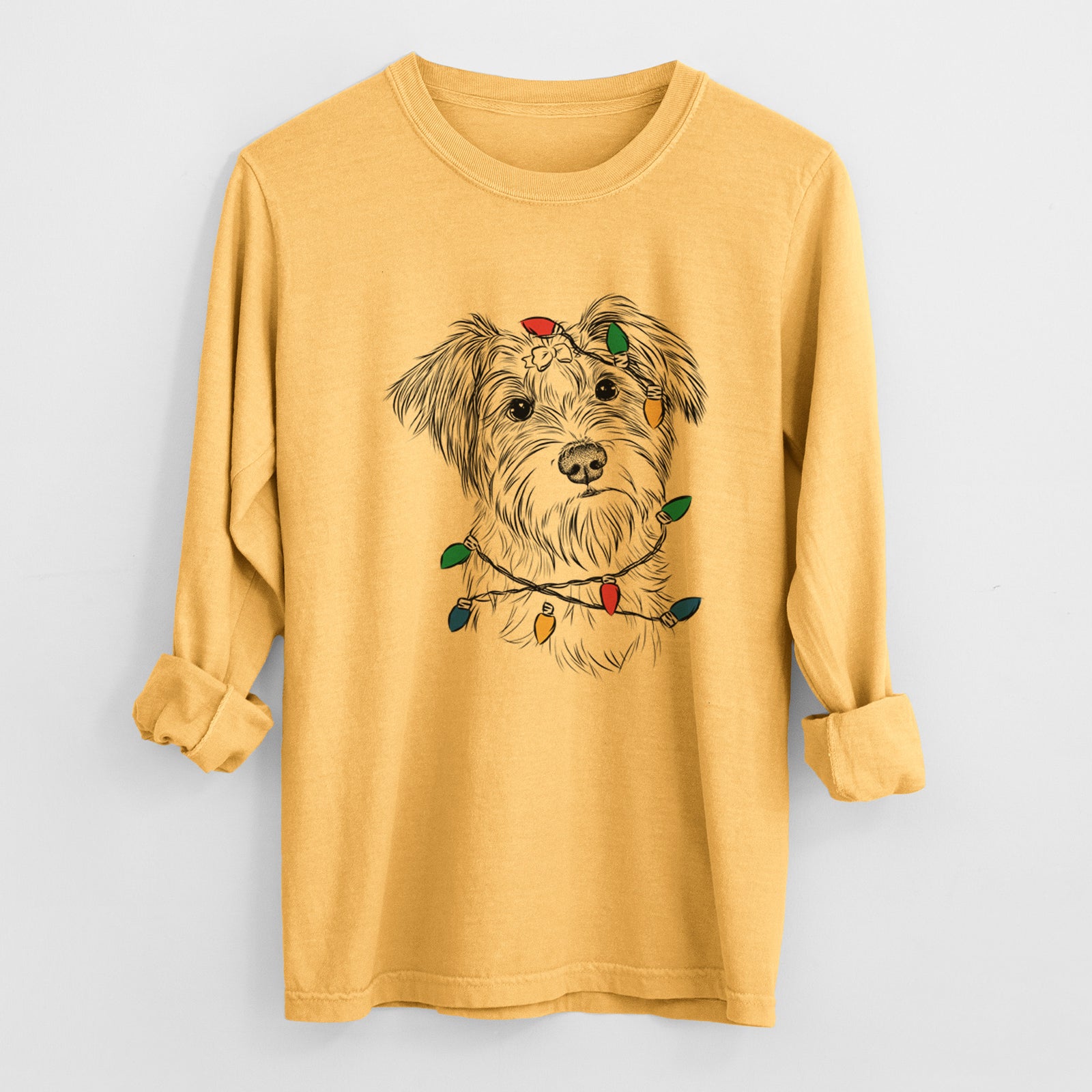 Christmas Lights Birdee the Schnauzer Mix - Heavyweight 100% Cotton Long Sleeve
