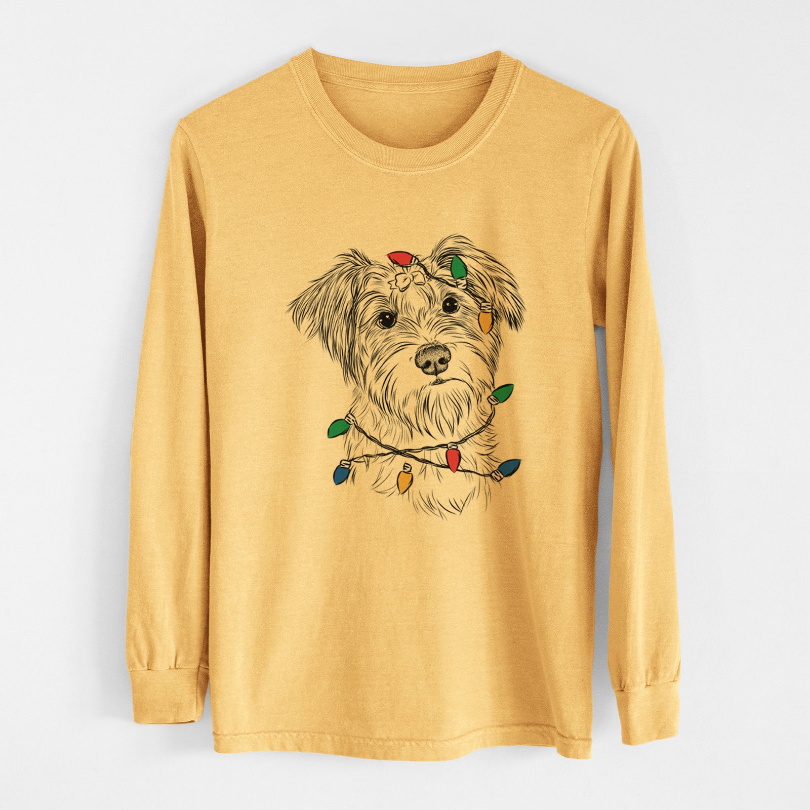 Christmas Lights Birdee the Schnauzer Mix - Heavyweight 100% Cotton Long Sleeve