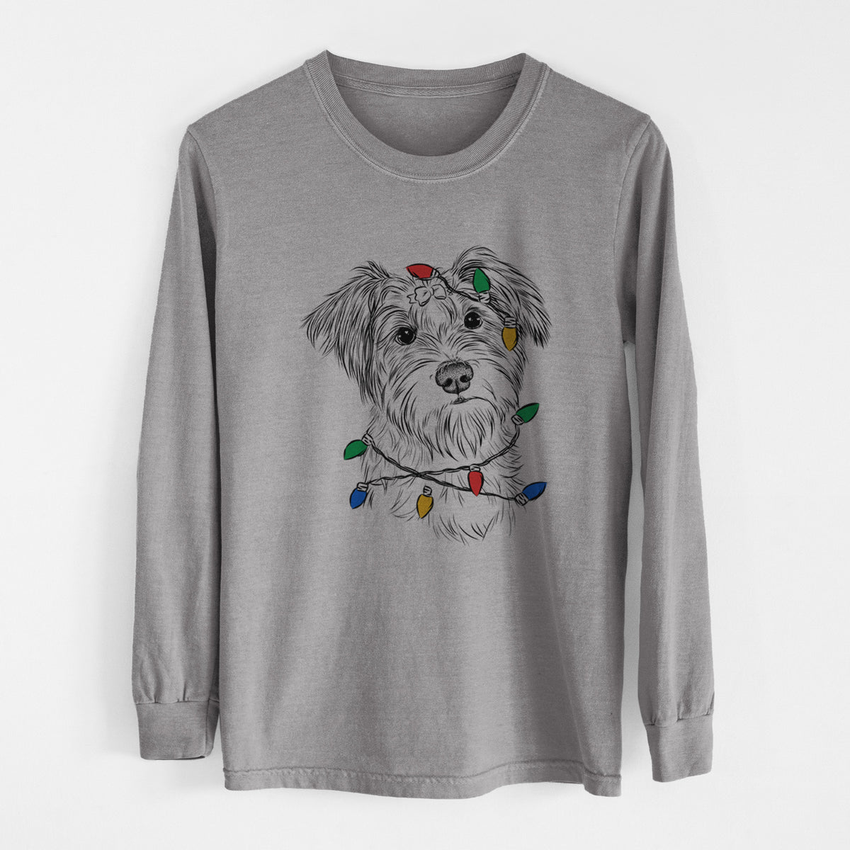 Christmas Lights Birdee the Schnauzer Mix - Heavyweight 100% Cotton Long Sleeve