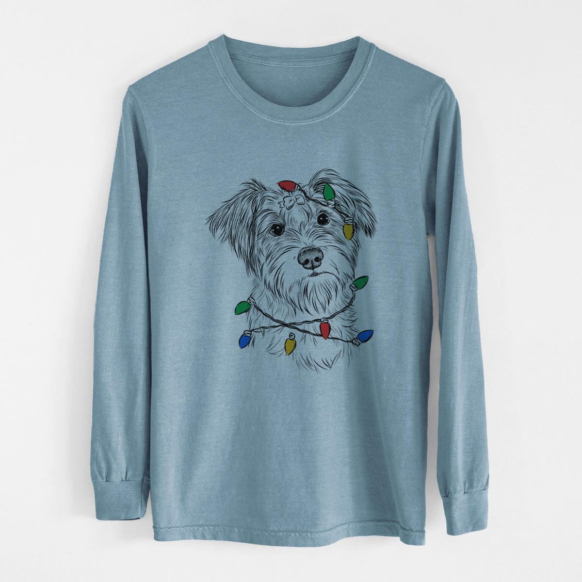 Christmas Lights Birdee the Schnauzer Mix - Heavyweight 100% Cotton Long Sleeve
