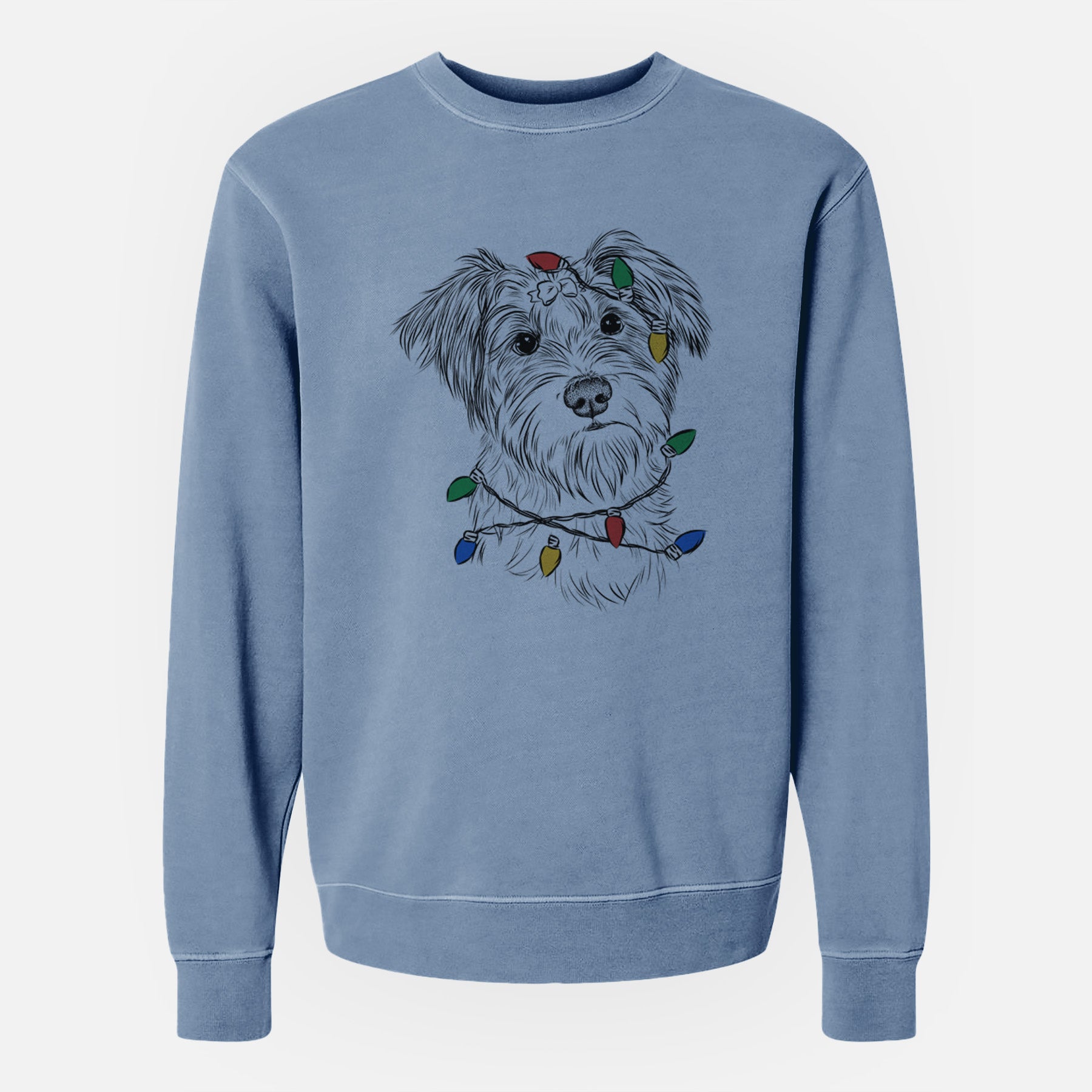 Christmas Lights Birdee the Schnauzer Mix - Unisex Pigment Dyed Crew Sweatshirt