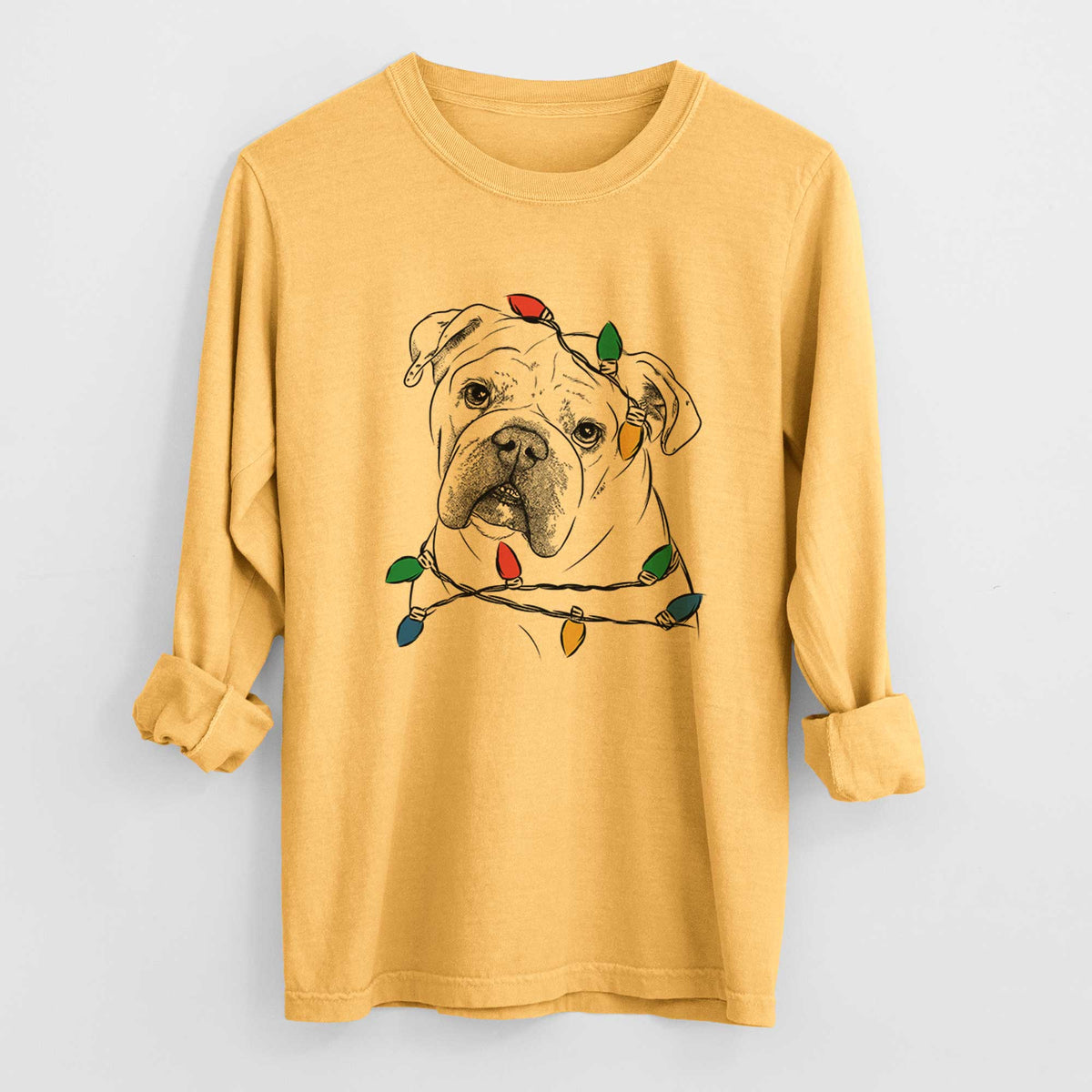 Christmas Lights Blossom the English Bulldog - Heavyweight 100% Cotton Long Sleeve