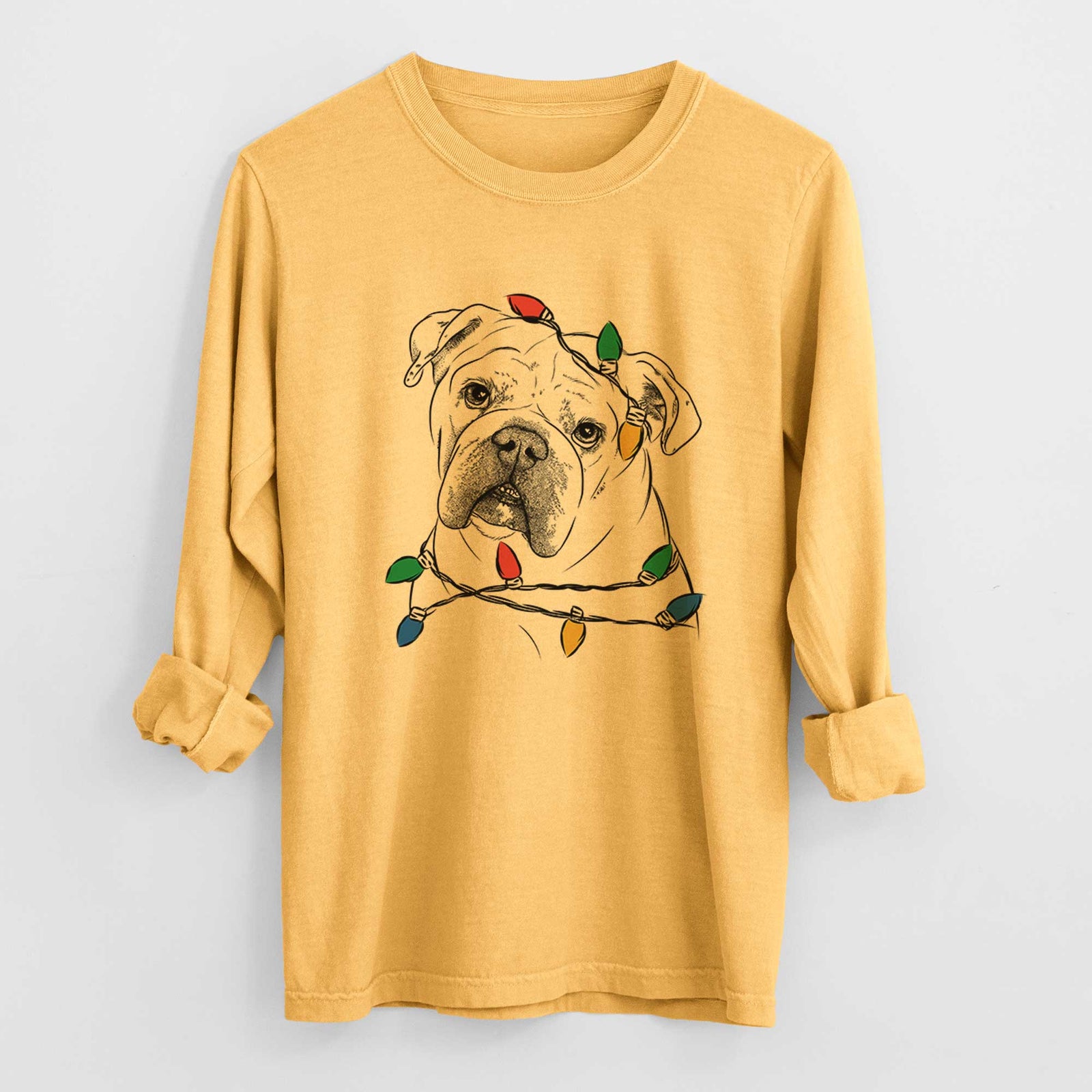 Christmas Lights Blossom the English Bulldog - Heavyweight 100% Cotton Long Sleeve