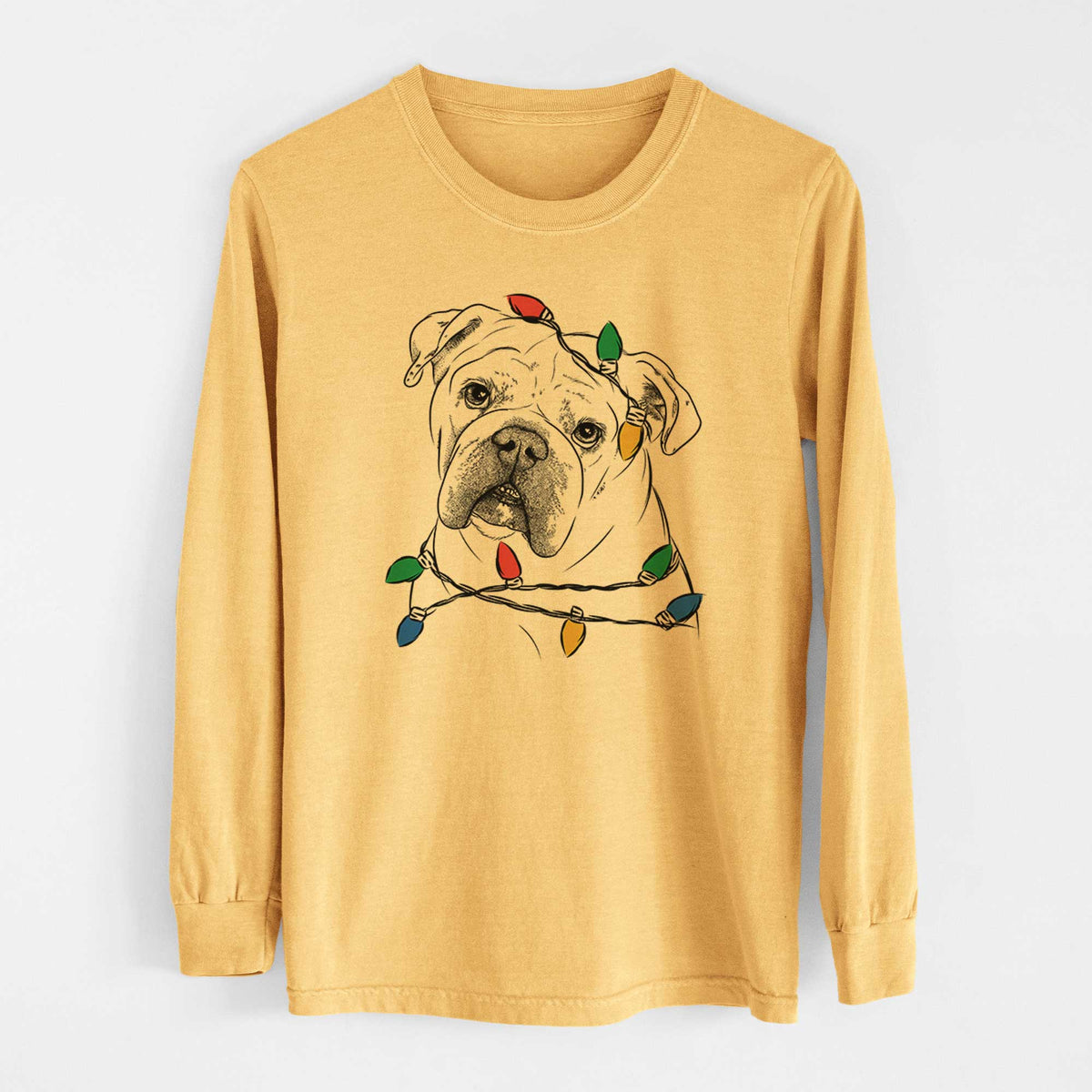 Christmas Lights Blossom the English Bulldog - Heavyweight 100% Cotton Long Sleeve