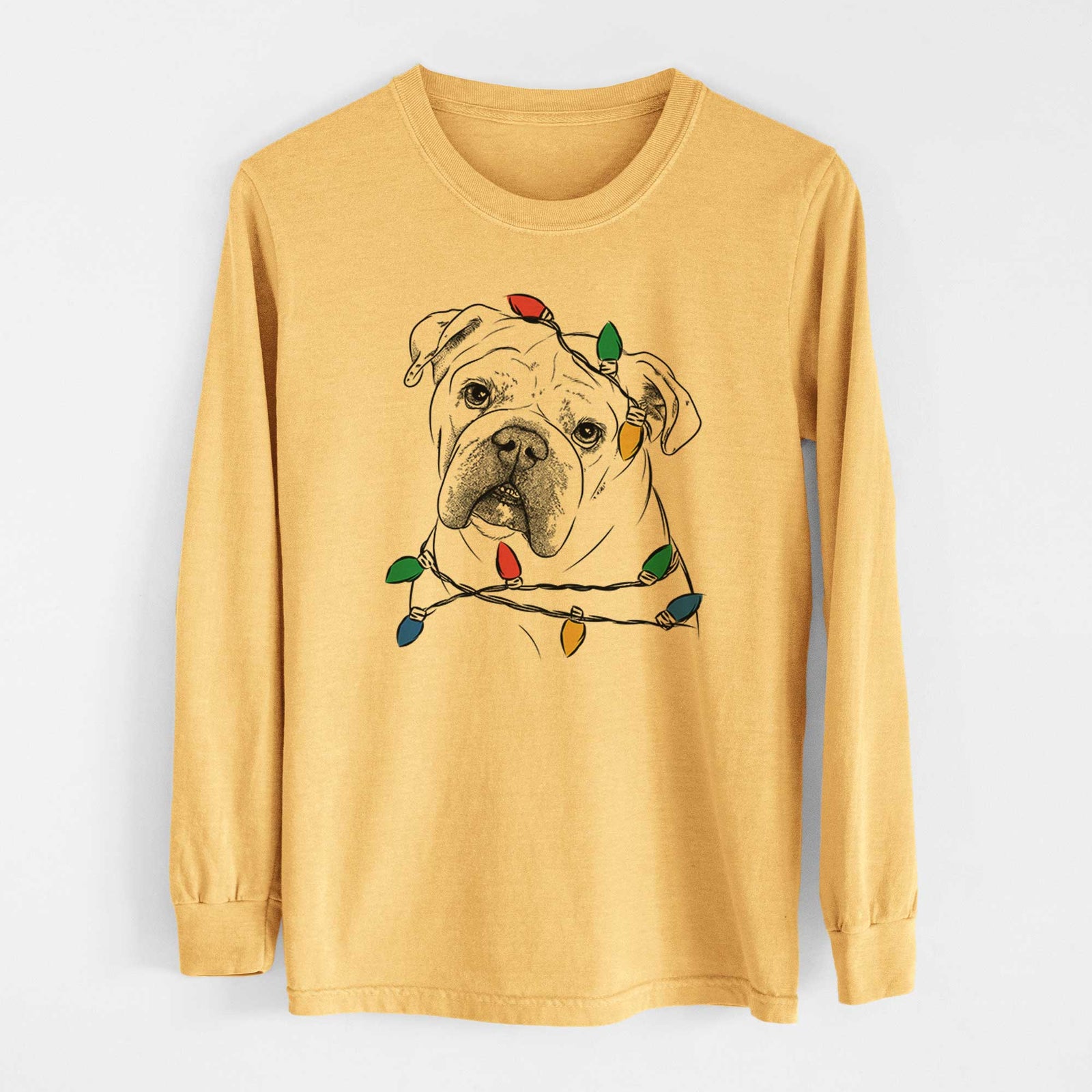 Christmas Lights Blossom the English Bulldog - Heavyweight 100% Cotton Long Sleeve