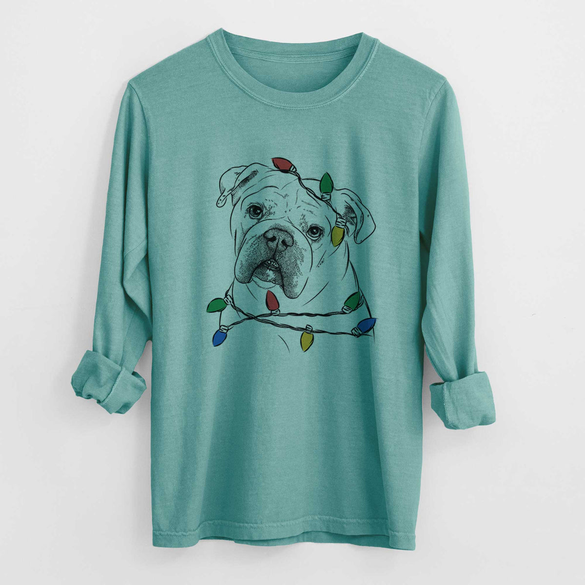 Christmas Lights Blossom the English Bulldog - Heavyweight 100% Cotton Long Sleeve