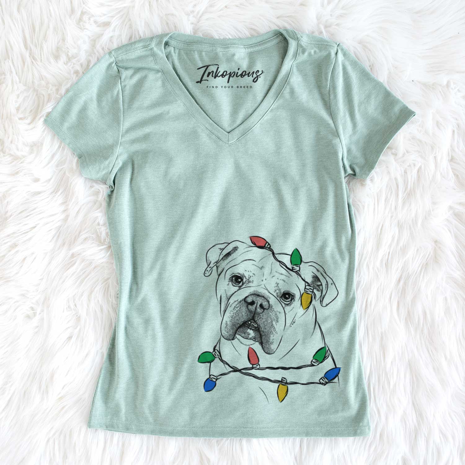 Christmas Lights Blossom the English Bulldog - Women's V-neck Shirt