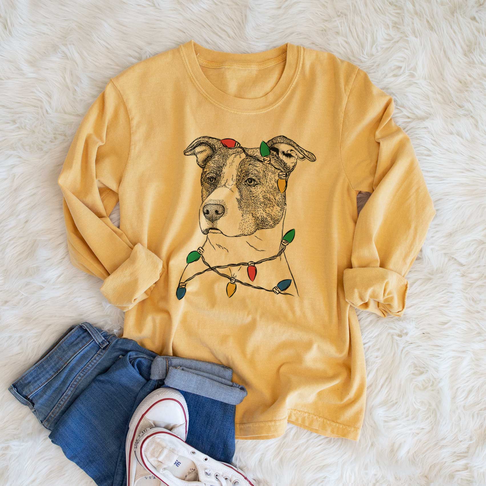 Christmas Lights Blu the Pitbull - Heavyweight 100% Cotton Long Sleeve