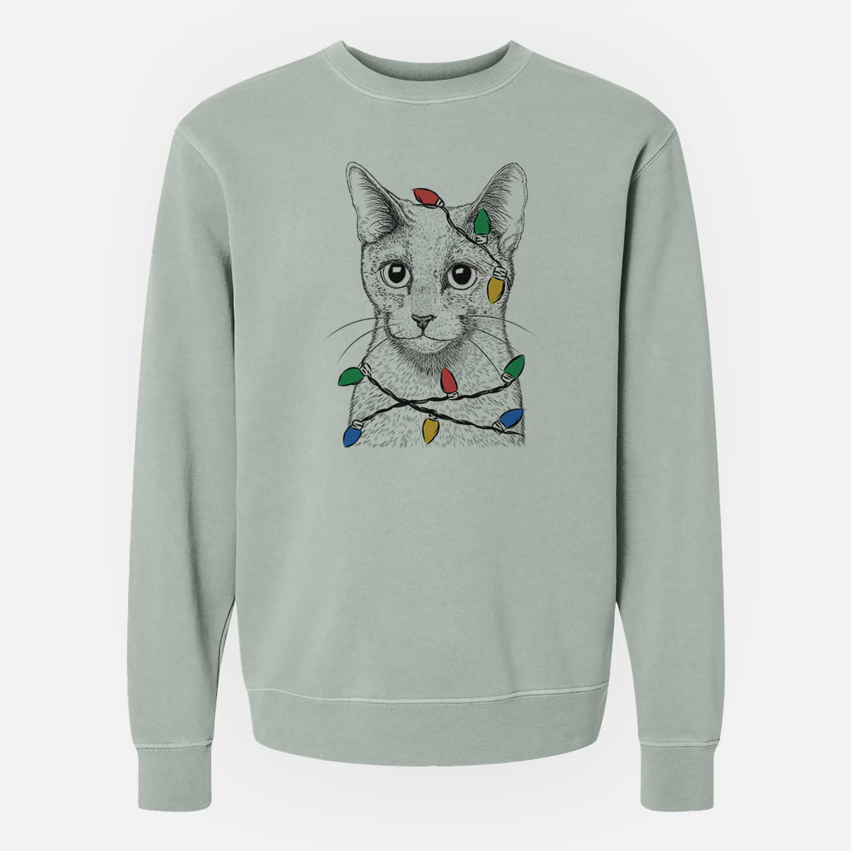 Christmas Lights Blue the Russsian Blue Cat - Unisex Pigment Dyed Crew Sweatshirt