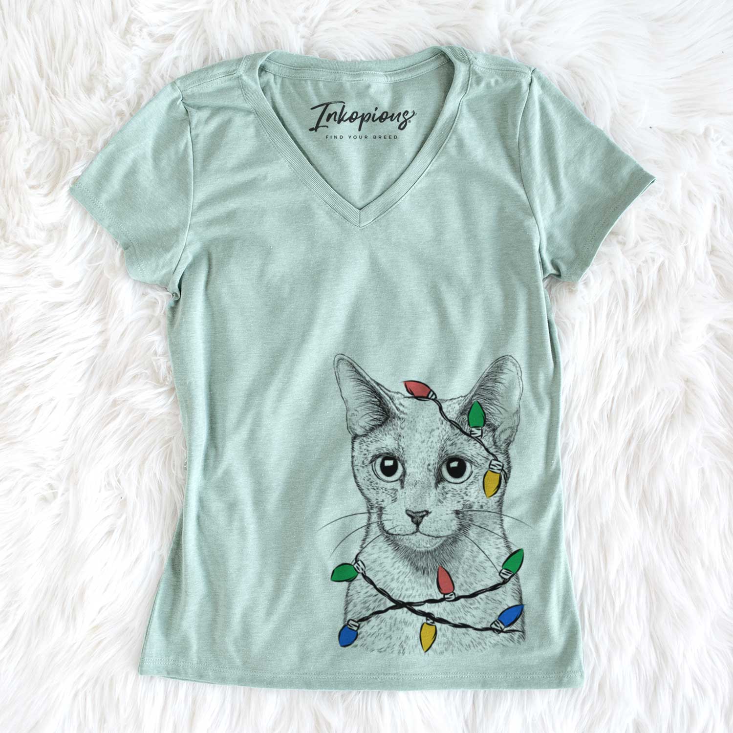 Christmas Lights Blue the Russsian Blue Cat - Women's V-neck Shirt