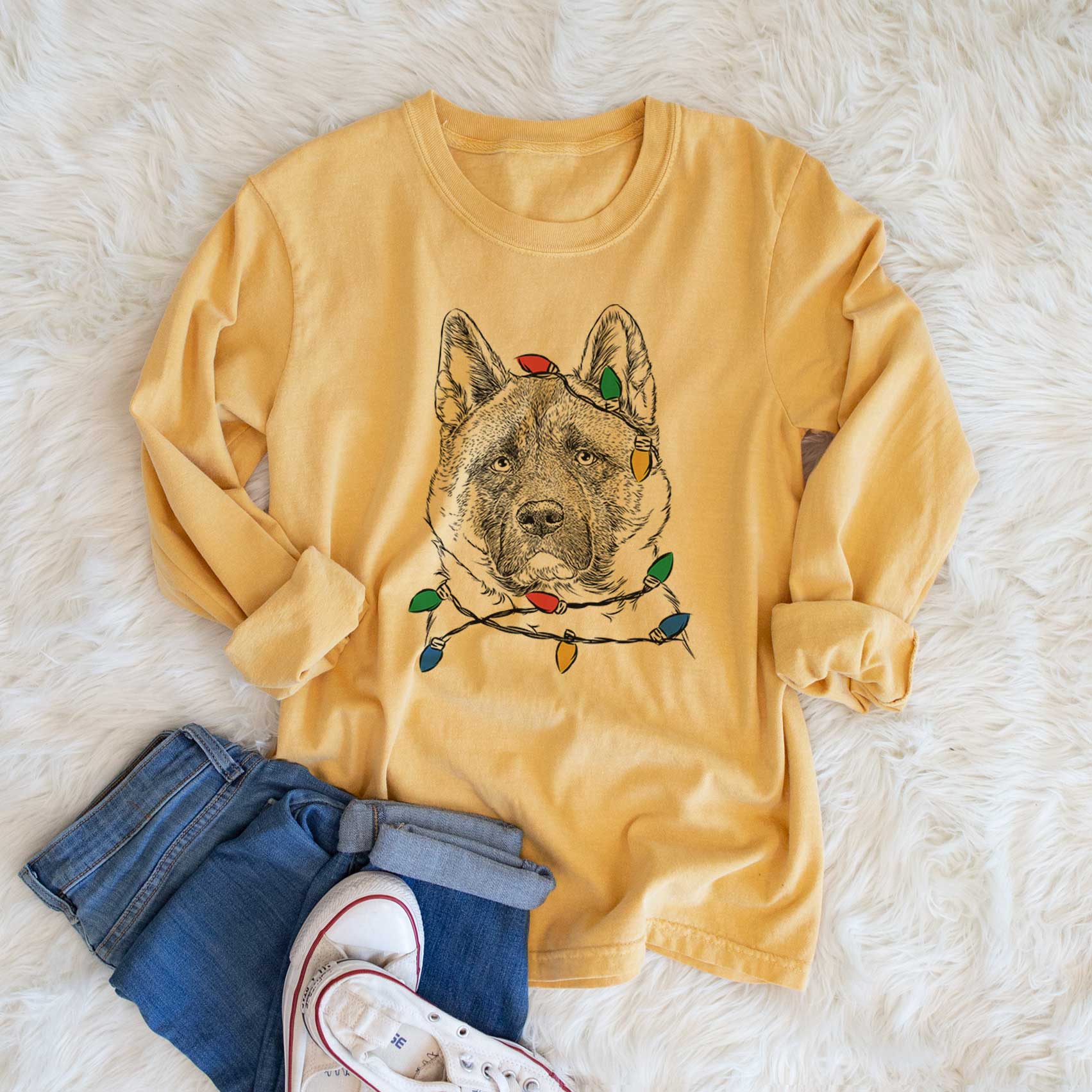 Christmas Lights Bo the American Akita - Heavyweight 100% Cotton Long Sleeve