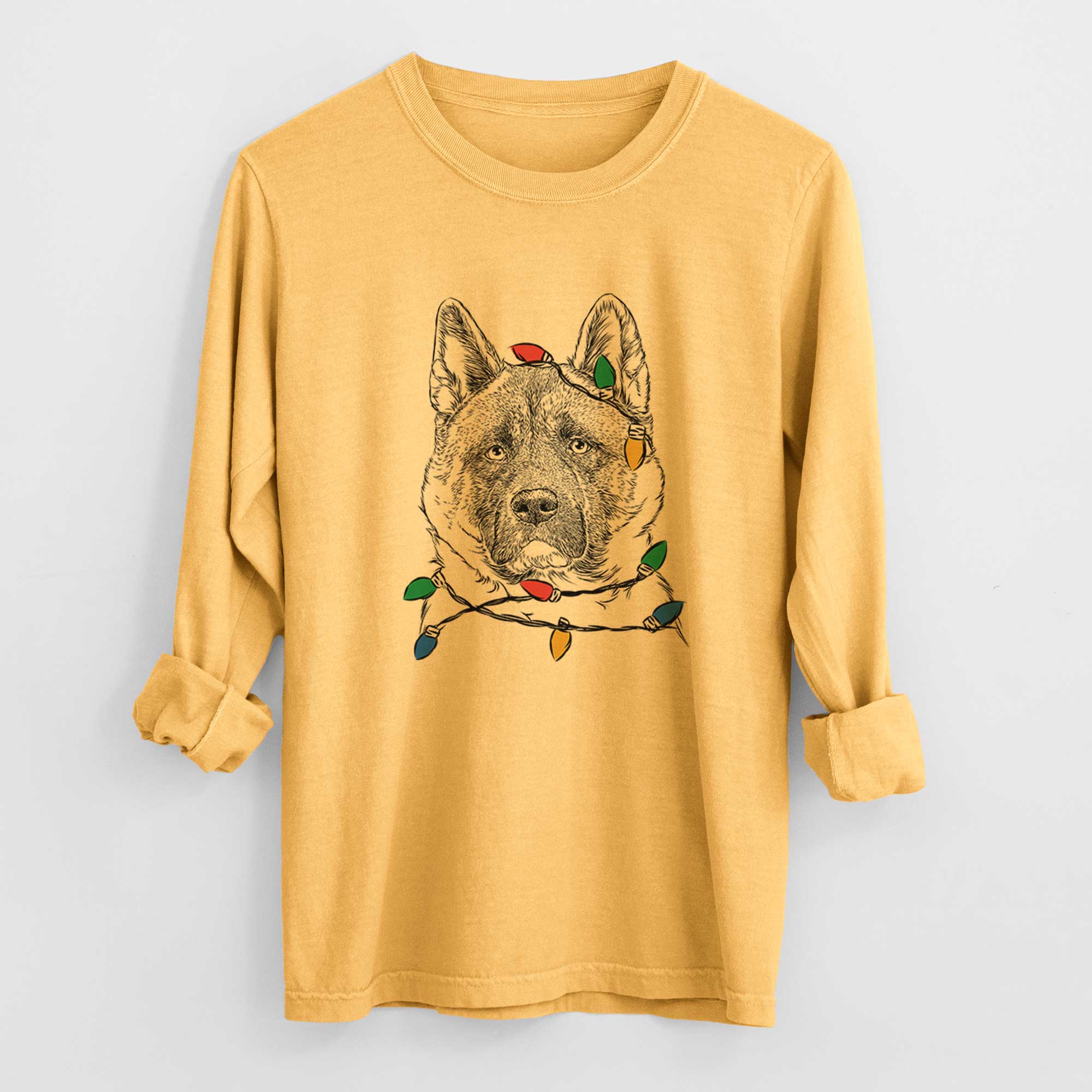 Christmas Lights Bo the American Akita - Heavyweight 100% Cotton Long Sleeve