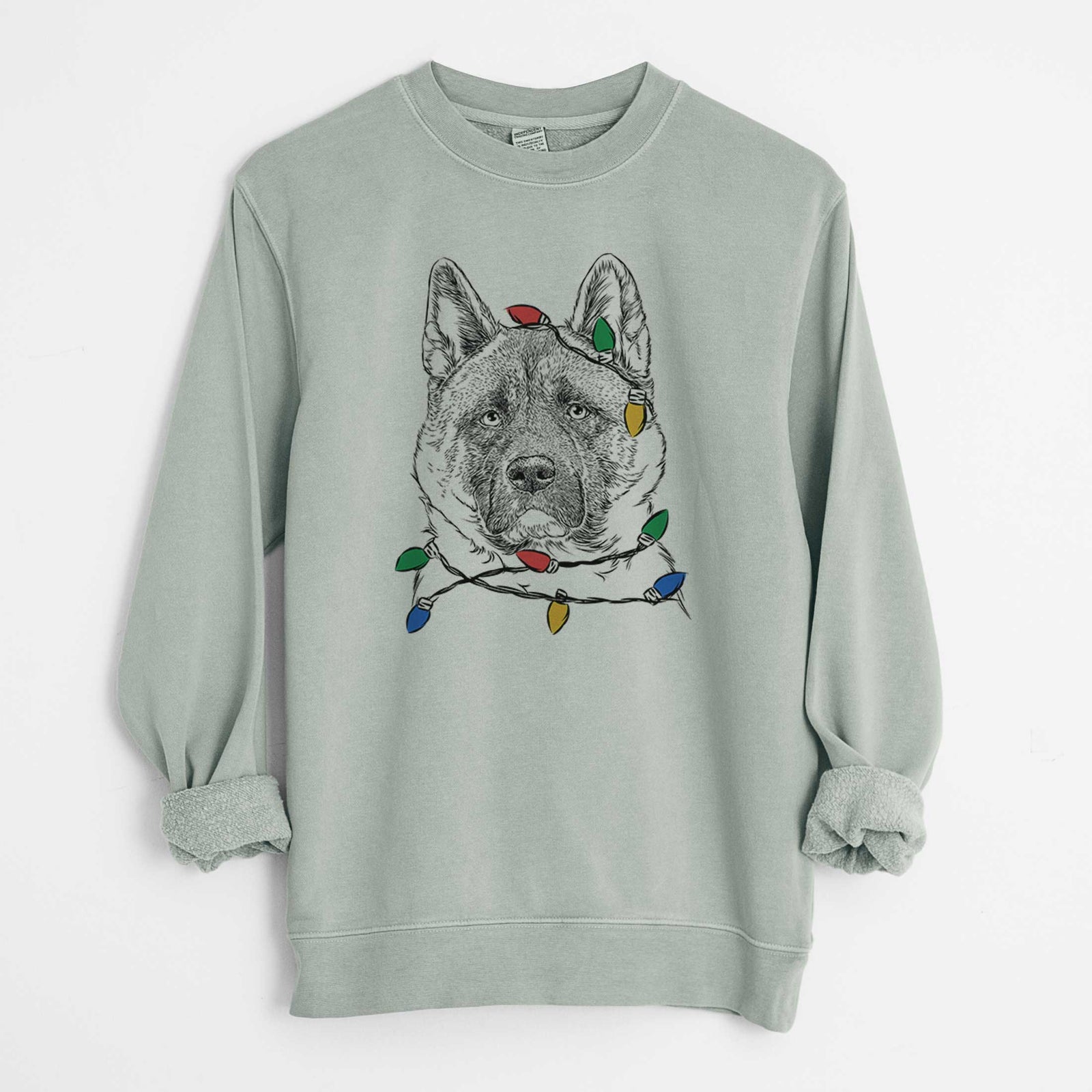 Christmas Lights Bo the American Akita - Unisex Pigment Dyed Crew Sweatshirt
