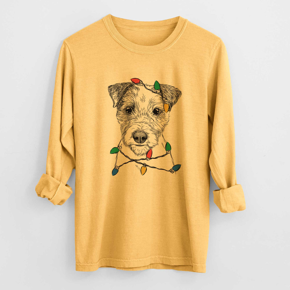 Christmas Lights Bogart the Parson Russell Terrier - Heavyweight 100% Cotton Long Sleeve