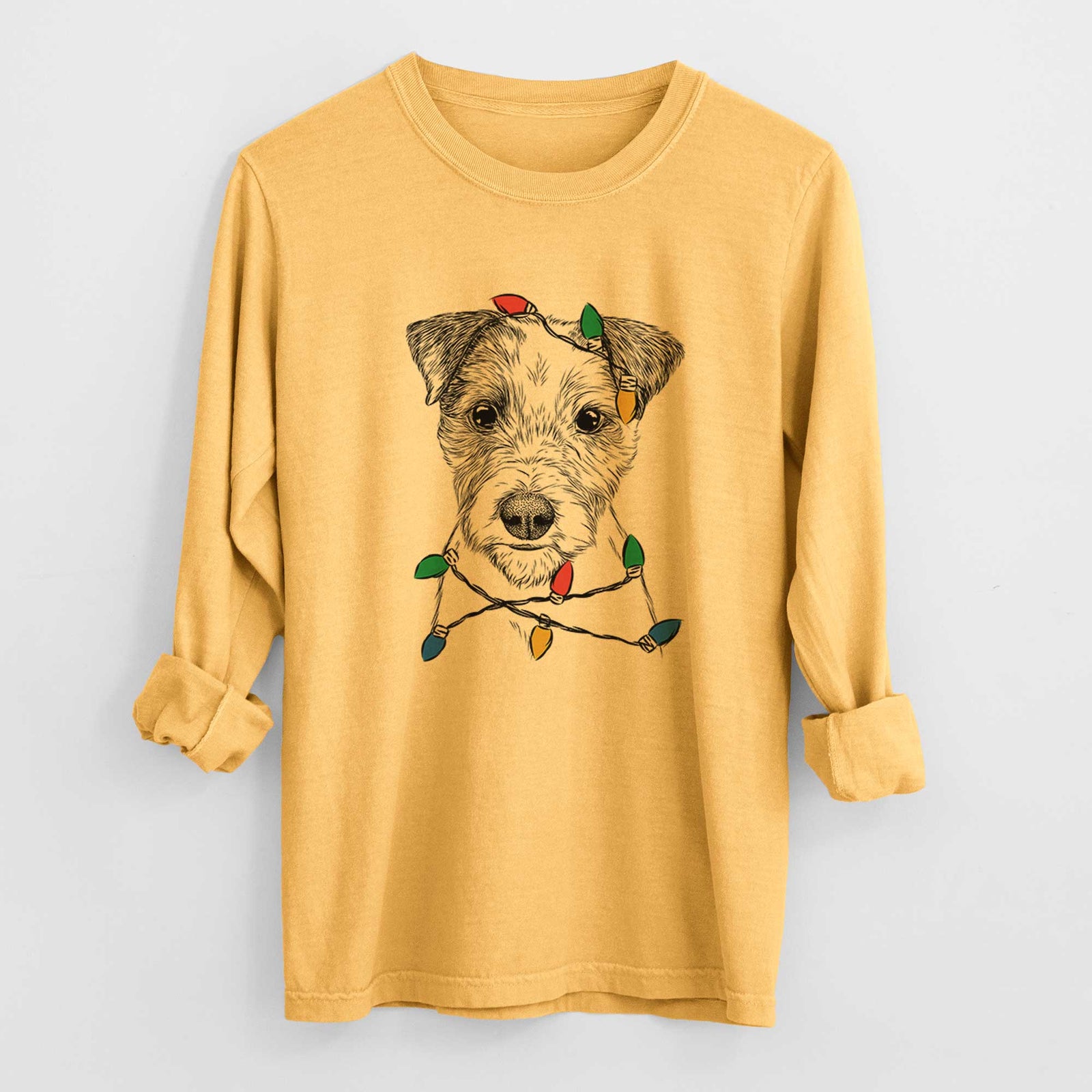 Christmas Lights Bogart the Parson Russell Terrier - Heavyweight 100% Cotton Long Sleeve