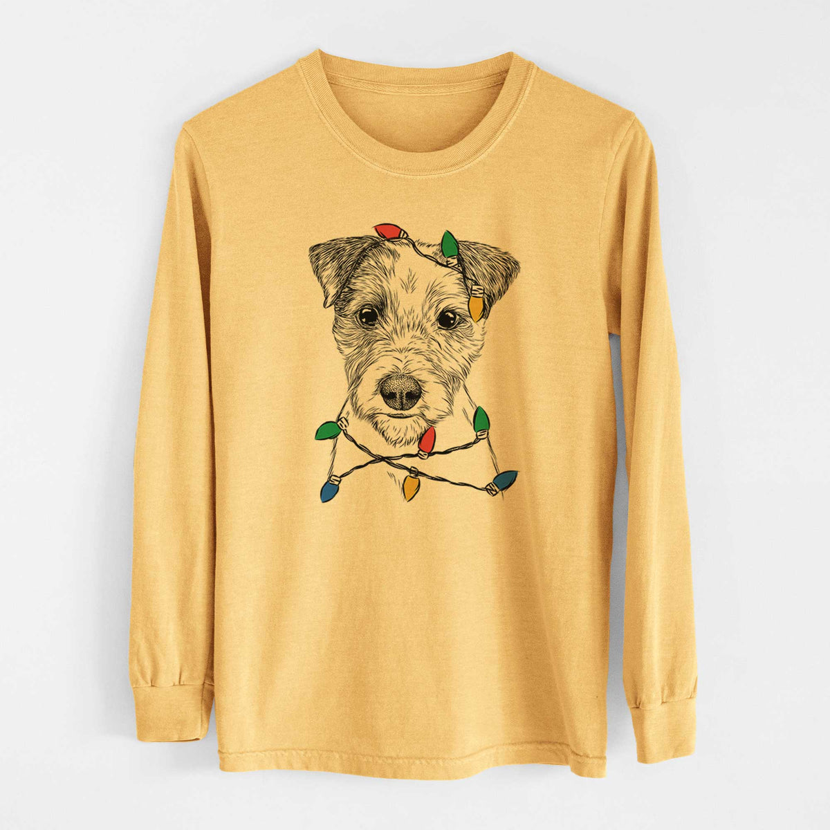 Christmas Lights Bogart the Parson Russell Terrier - Heavyweight 100% Cotton Long Sleeve