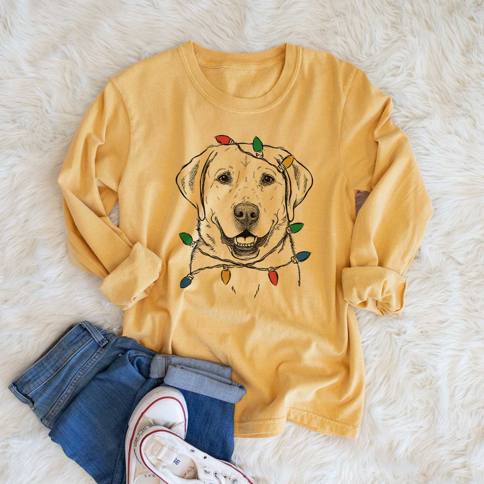 Christmas Lights Booney the Labrador Retriever - Heavyweight 100% Cotton Long Sleeve