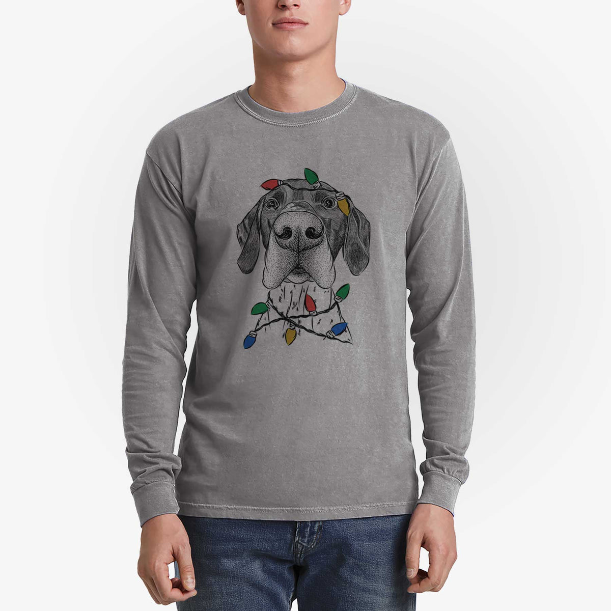Christmas Lights Booze the German Shorthaired Pointer - Heavyweight 100% Cotton Long Sleeve