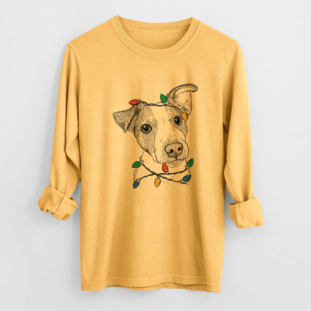 Christmas Lights Bosse the Jack Russell Terrier - Heavyweight 100% Cotton Long Sleeve