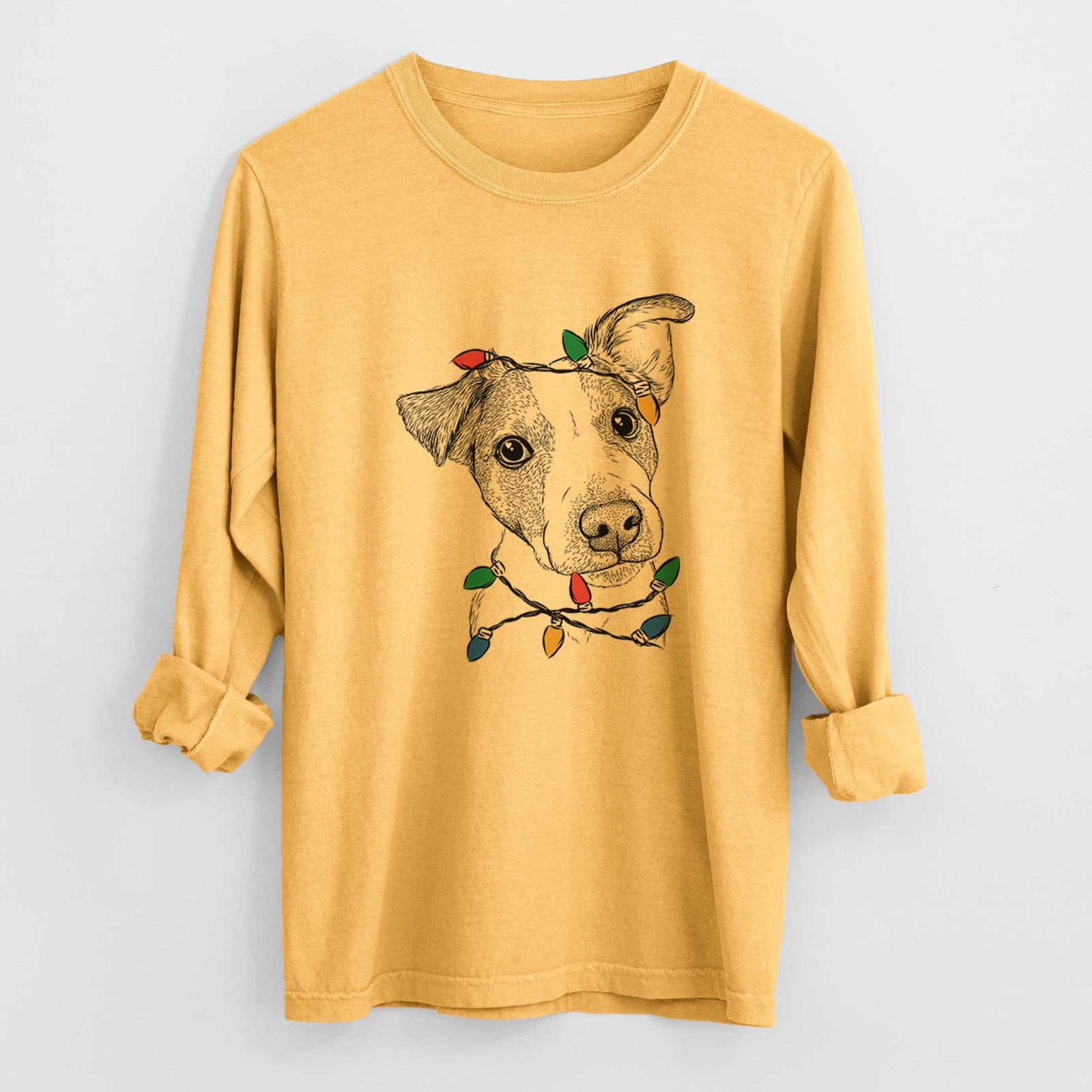 Christmas Lights Bosse the Jack Russell Terrier - Heavyweight 100% Cotton Long Sleeve