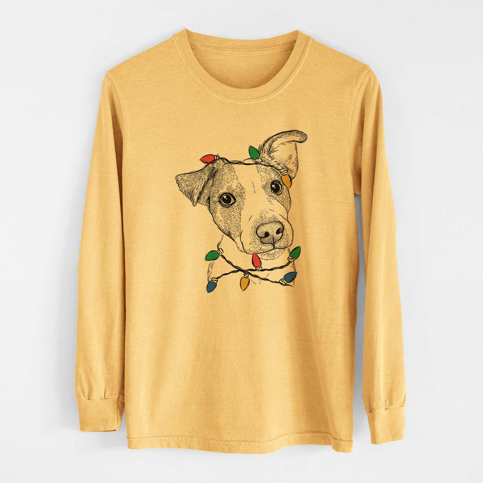 Christmas Lights Bosse the Jack Russell Terrier - Heavyweight 100% Cotton Long Sleeve
